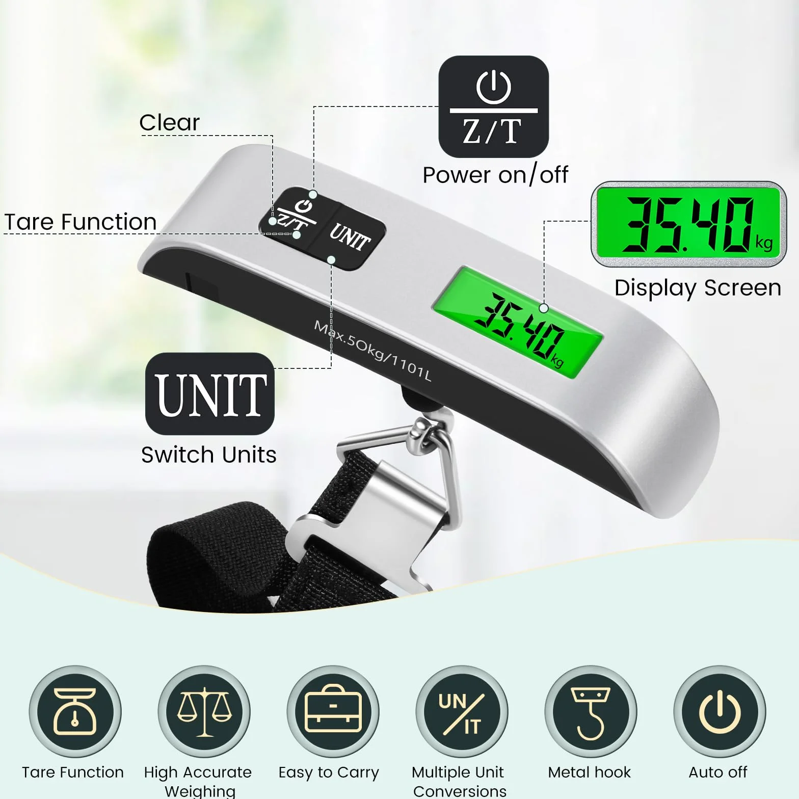 Brencco Walizka podróżna, waga do walizki 110 lb/50 kg, waga elektroniczna cyfrowa walizka podróżna funkcja tary LCD wyświetlacz do podróży na zewnątrz do domu
