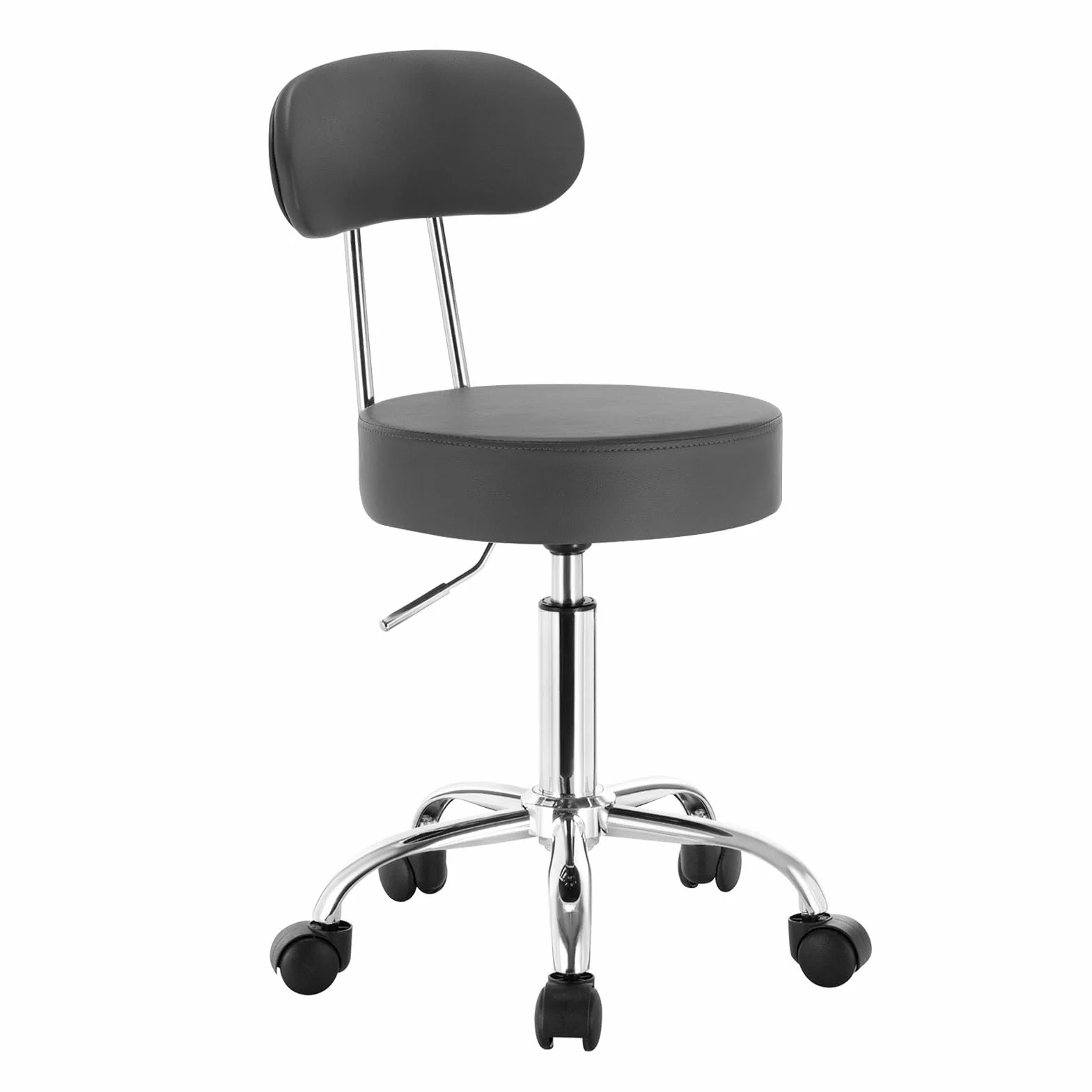 WOLTU Taboret na kółkach, toaletka, taboret z regulacją wysokości, z kółkami i oparciem, szary, taboret roboczy obrotowy o 360°, taboret biurowy, taboret kosmetyczny do warsztatu, salonu piękności