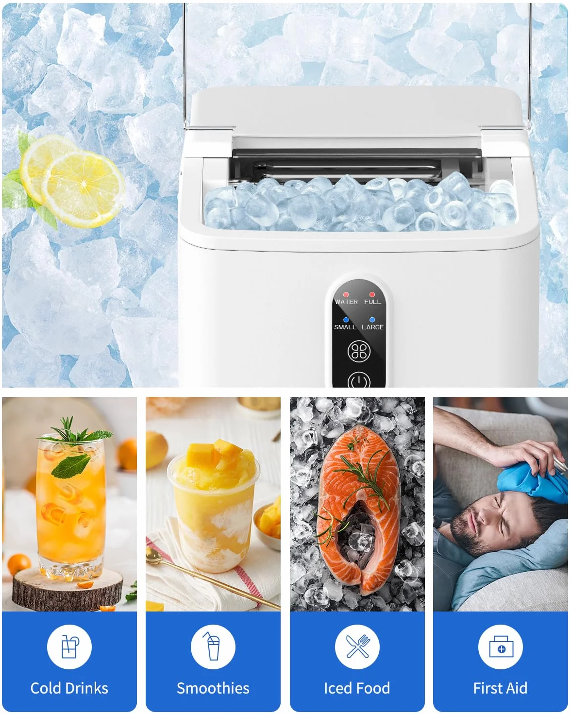 Samoczyszcząca przenośna kostkarka do lodu - 12 kg/24h (2 rozmiary lodu S/L) - 9 kostek w 6 minutach - w zestawie łyżka i kosz - niski poziom hałasu (<40dB) - idealna do domu, na imprezy, na kemping i