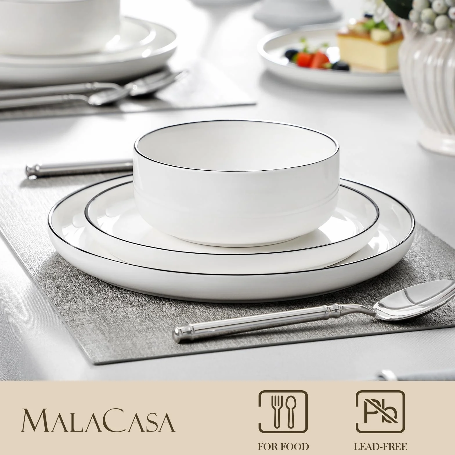 MALACASA 18-częściowy zestaw porcelanowej zastawy stołowej LUNA biały z czarnymi krawędziami dla 6 osób