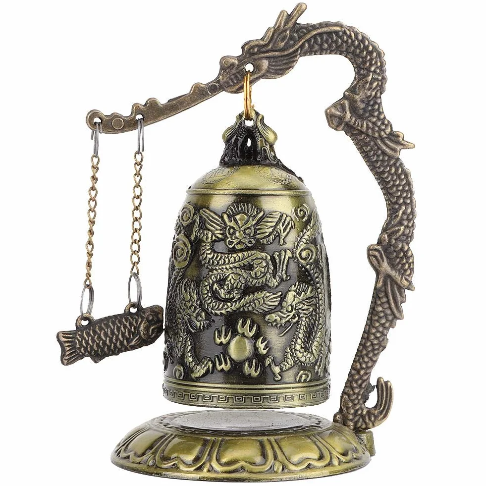 Vintage Dragon Bell, mały rzeźbiony brązowy dzwonek Feng Shui do dekoracji biurka i domu