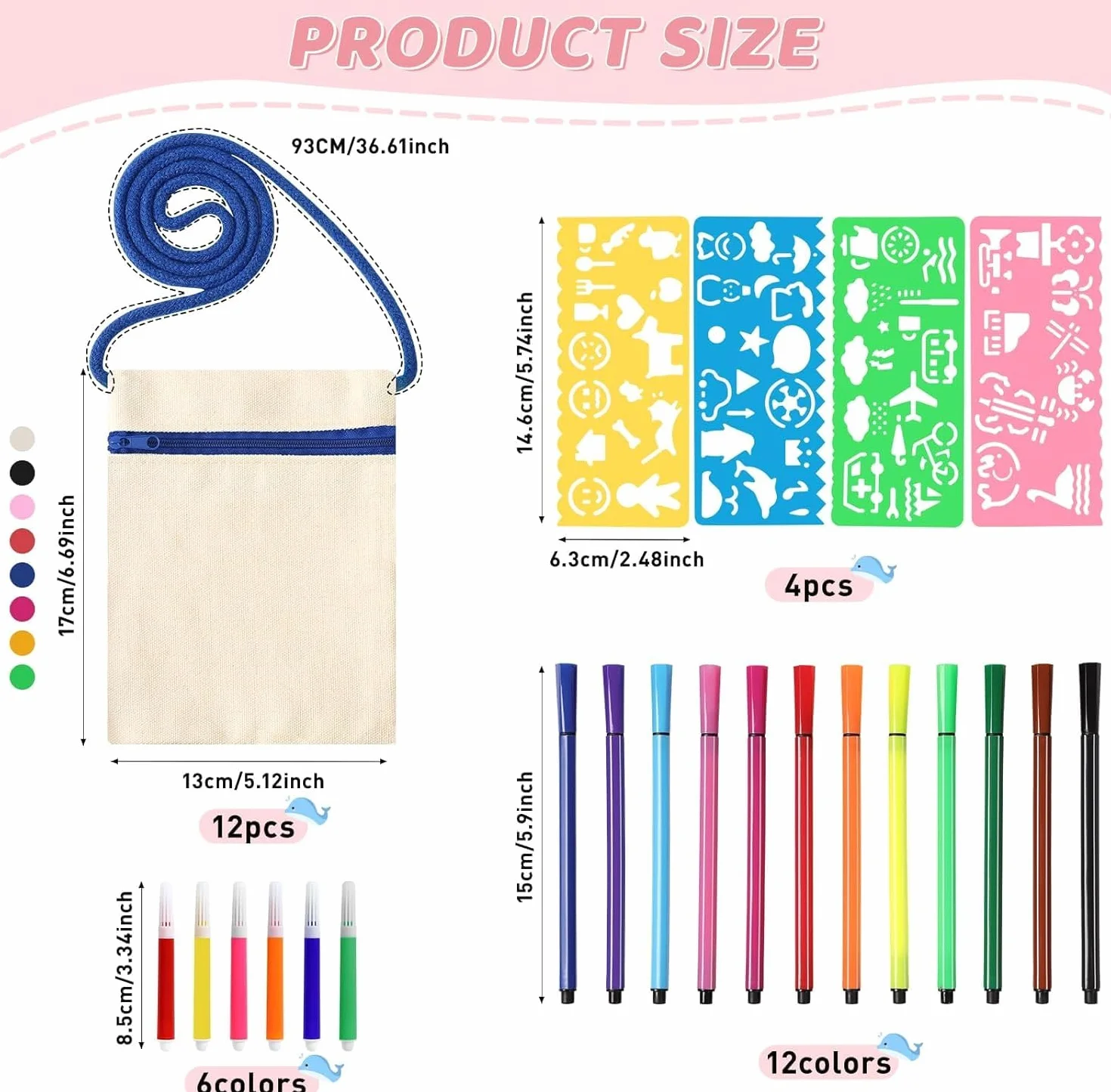 12 woreczków materiałowych do malowania, 17 x 13 cm torebki na ramię DIY z 12 długimi kredkami i 6 krótkimi kredkami, torby do malowania na przyjęcia, szkołę i prezenty