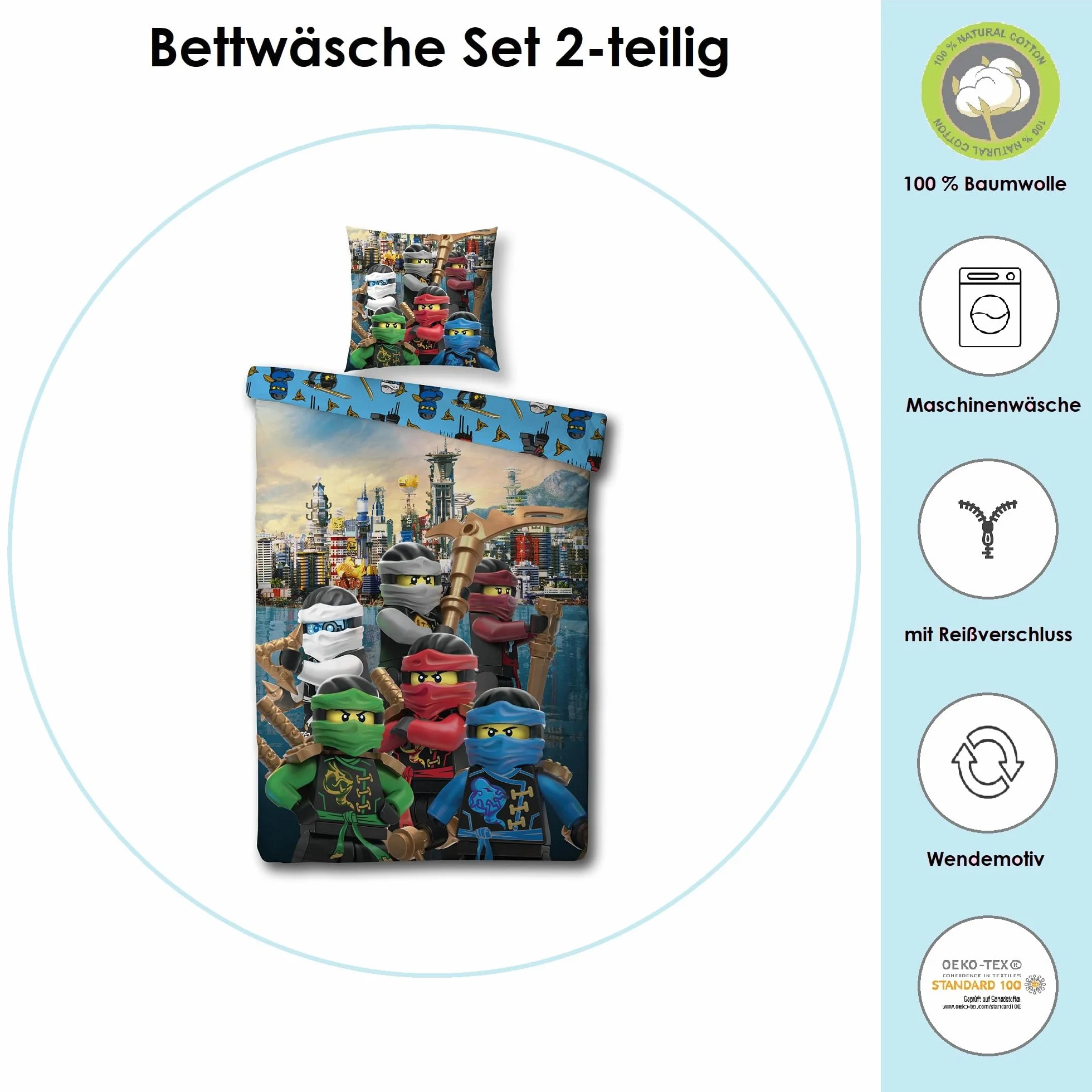Lego Ninjago komplet pościeli dla chłopców 135x200 80x80 cm 100% bawełny zamek błyskawiczny motyw Assemble