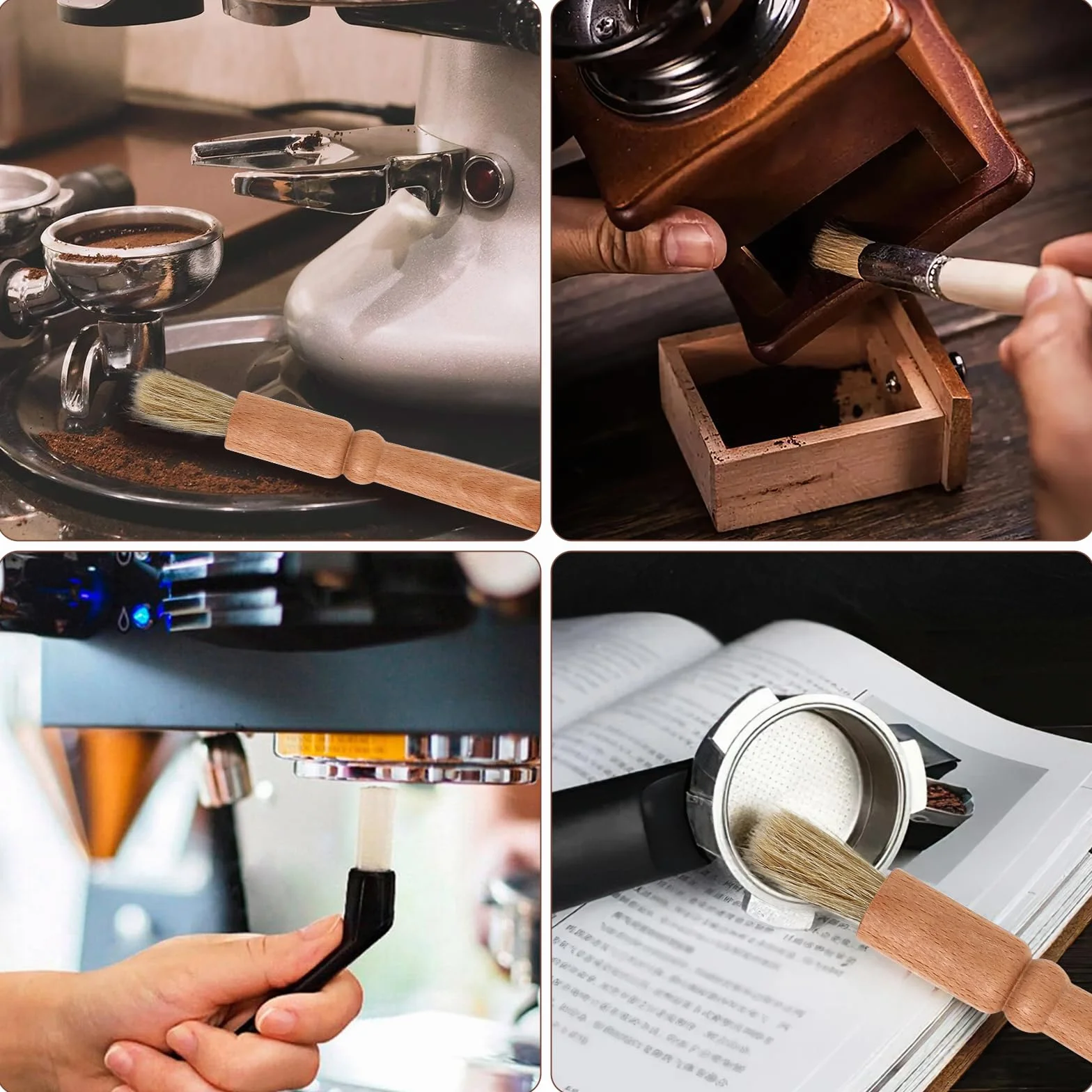 Auauraintt Zestaw pędzli do kawy, 15 sztuk w pełni automatyczny ekspres do kawy, pędzel do espresso, szczotka do czyszczenia, drewniany uchwyt, młynek do kawy, szczotka do czyszczenia