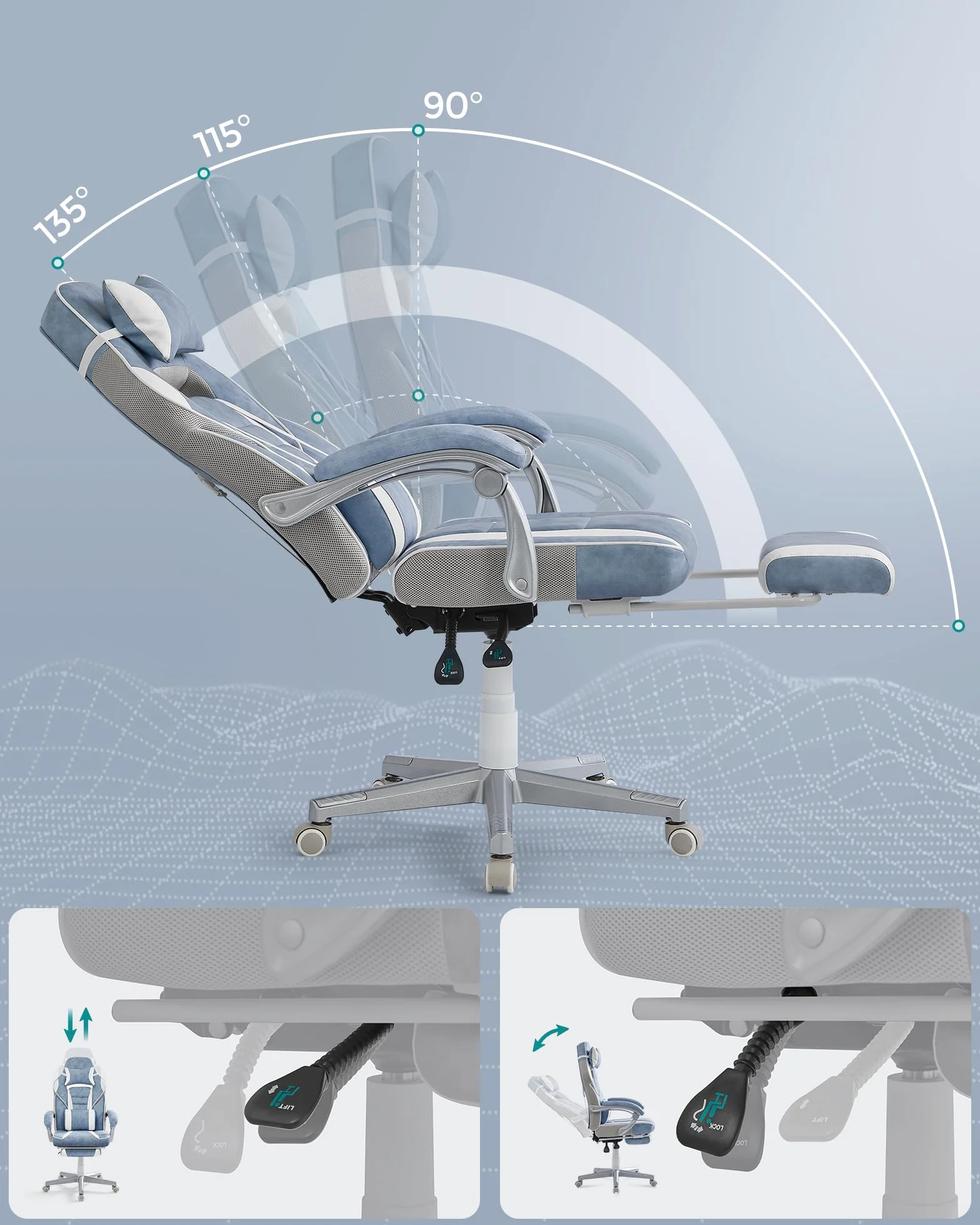 SONGMICS Fotel biurowy, fotel gamingowy, regulowany, podnóżek teleskopowy, mechanizm kołyskowy, zagłówek, podparcie odcinka lędźwiowego, obciążenie 150 kg, błękitny i kremowo-biały OBG073Q01