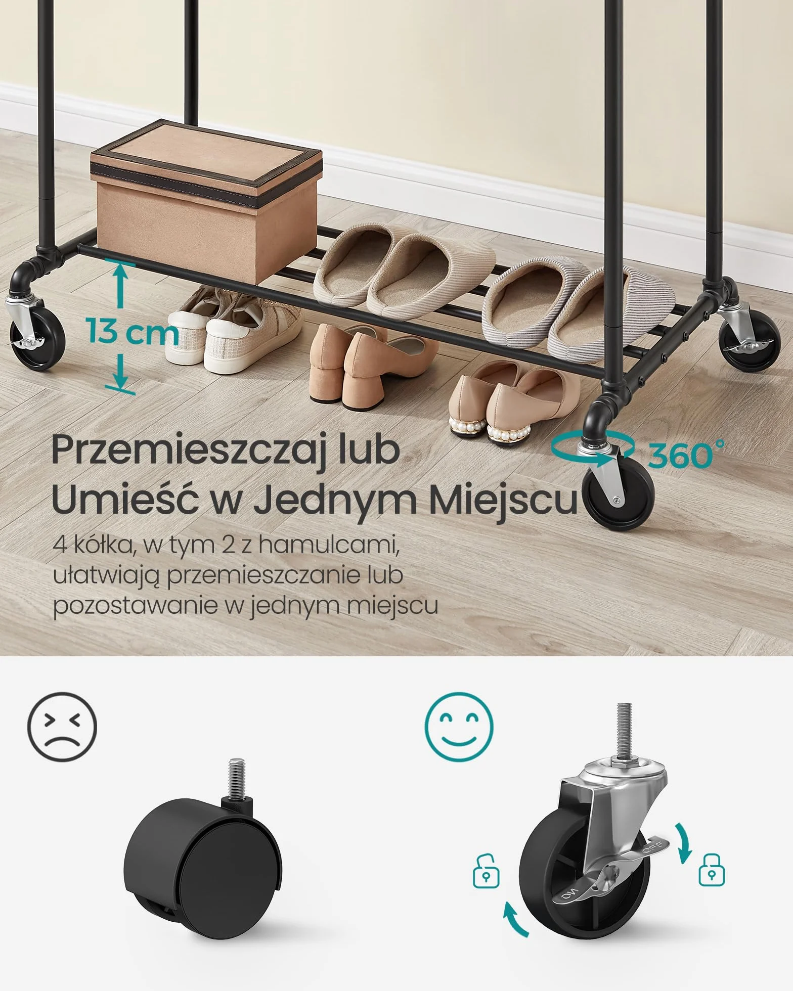 SONGMICS Metalowy wieszak na ubrania na kółkach 110 kg czarny HSR60B