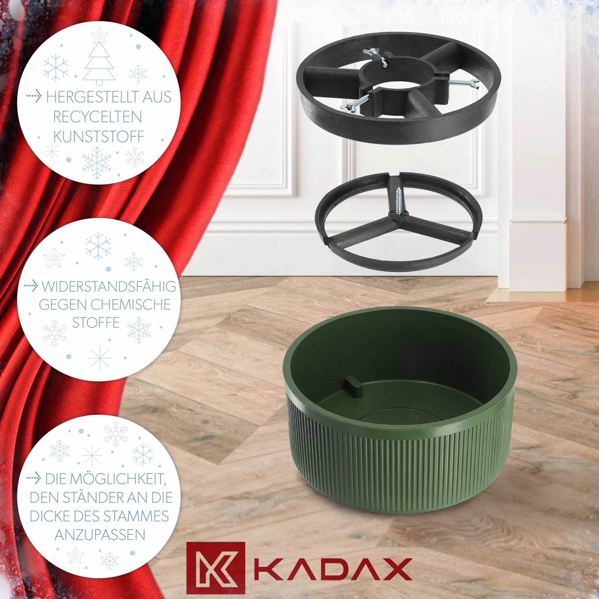 KADAX Stojak na choinkę z recyklingowanego tworzywa sztucznego, stabilny, do żywego drzewka, kolor zielony, do wysokości 150 cm
