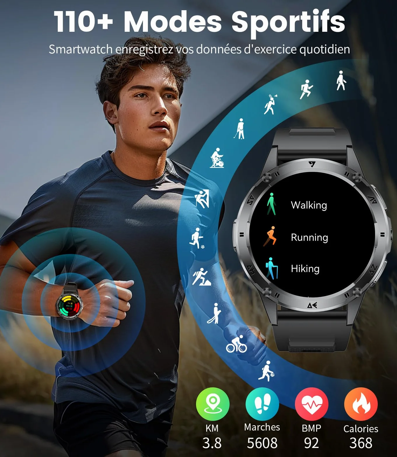 LIGE Smartwatch męski 1,43" AMOLED ekran dotykowy / akumulator 530 mAh zegarek sportowy męski z latarką/110+ trybów sportowych, wodoszczelność IP68, zegarek fitness z pulsometrem 24/7, monitor snu dla