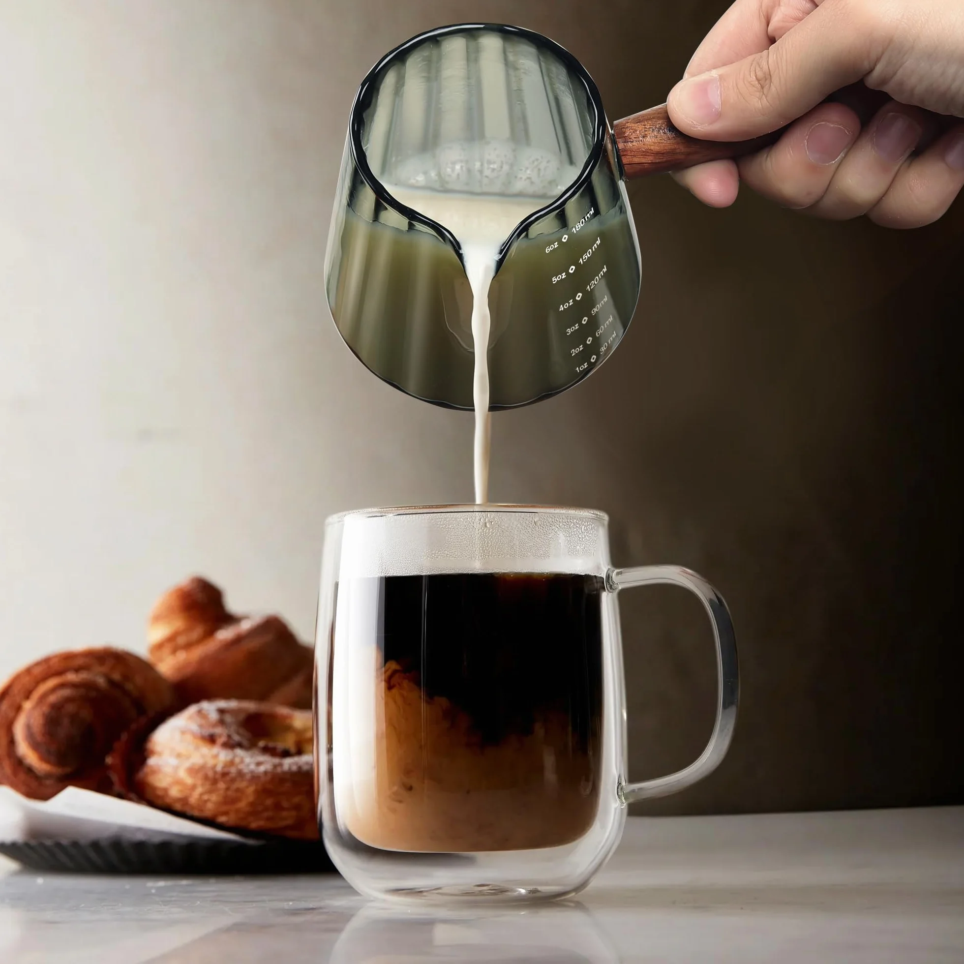 Joeyan Filiżanka do espresso z drewnianym uchwytem 180 ml, kieliszek do espresso, małe kubki do kawy z otworem V, szary