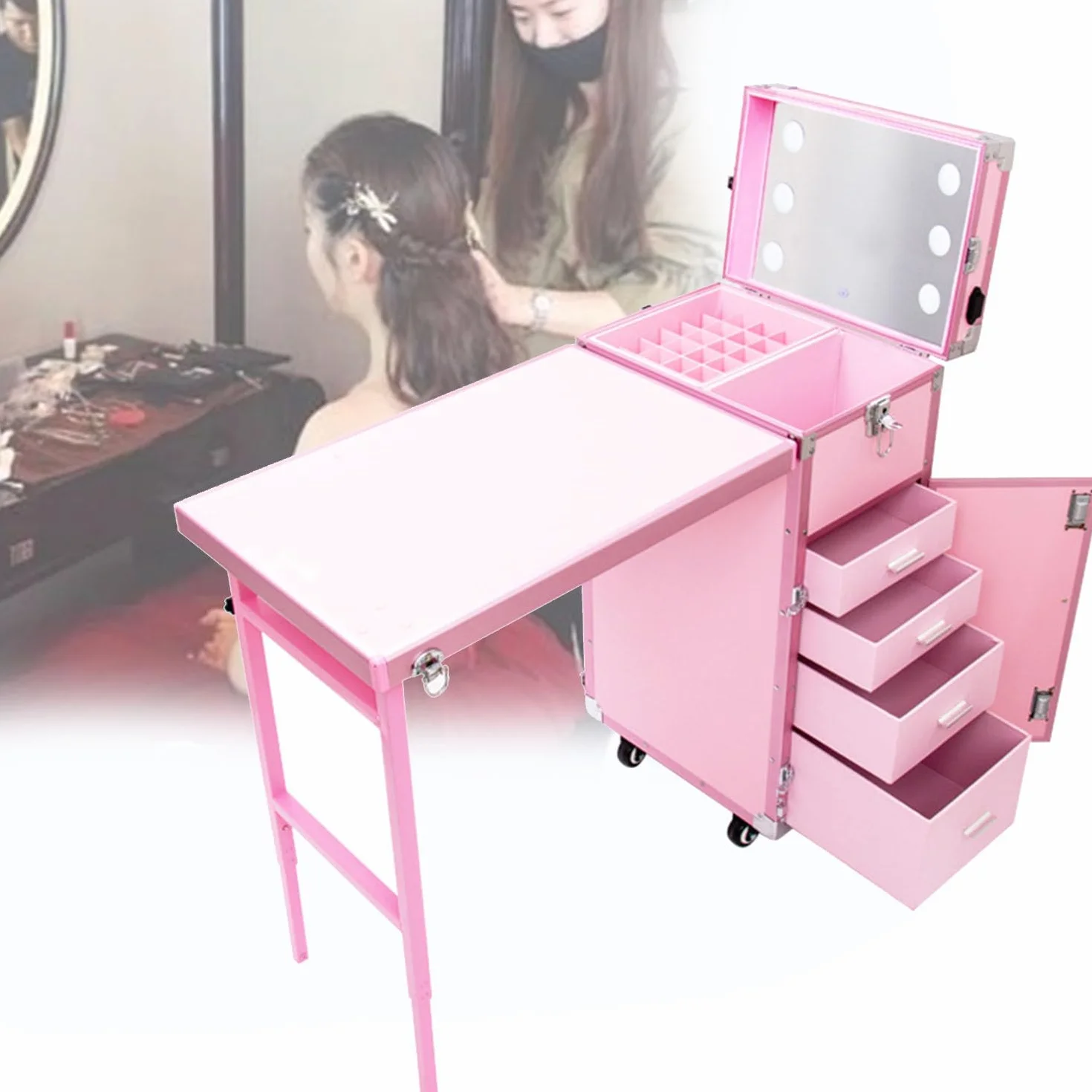 Przenośne mobilne biurko do manicure z drążkiem, do przechowywania, stołu roboczego, lustra, odtwarzacza Bluetooth do użytku w salonie spa