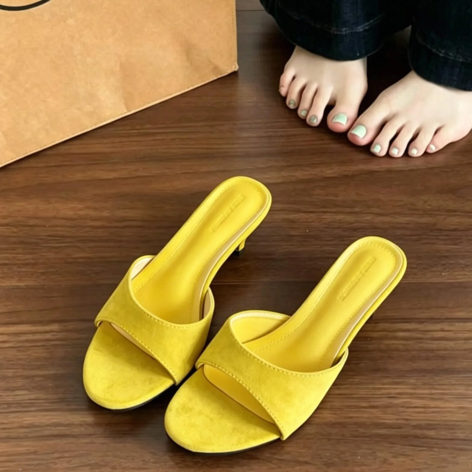 Damskie kapcie mule obcas kotek z rumianku, ślizganie się po slajdach eleganckie na co dzień, letnie wakacje plaża impreza sukienka buty dla kobiet-apricot-39