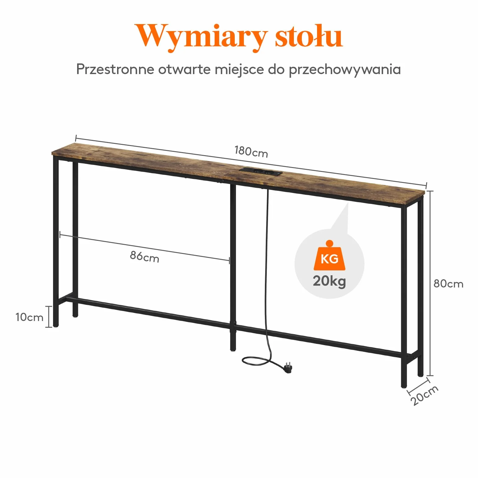 Lifewit 70.9" Wąski, długi stolik konsolowy z 2 gniazdami zasilania i portami USB do salonu, przemysłowy stolik do przedpokoju, korytarz biurowy za sofą, łatwy montaż, rustykalny brąz