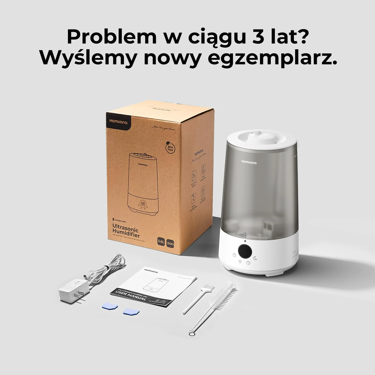 Homvana Nawilżacz Powietrza 3,6L Plastik Sypialnia Pokoju Dziecka, Ultradźwiękowy 360° Cool Mist, 34h Pracy, Bardzo Cichy 16 dB (SilentSpray), Bez BPA, Dyfuzor Zapachowy, 7 Kolorów LED