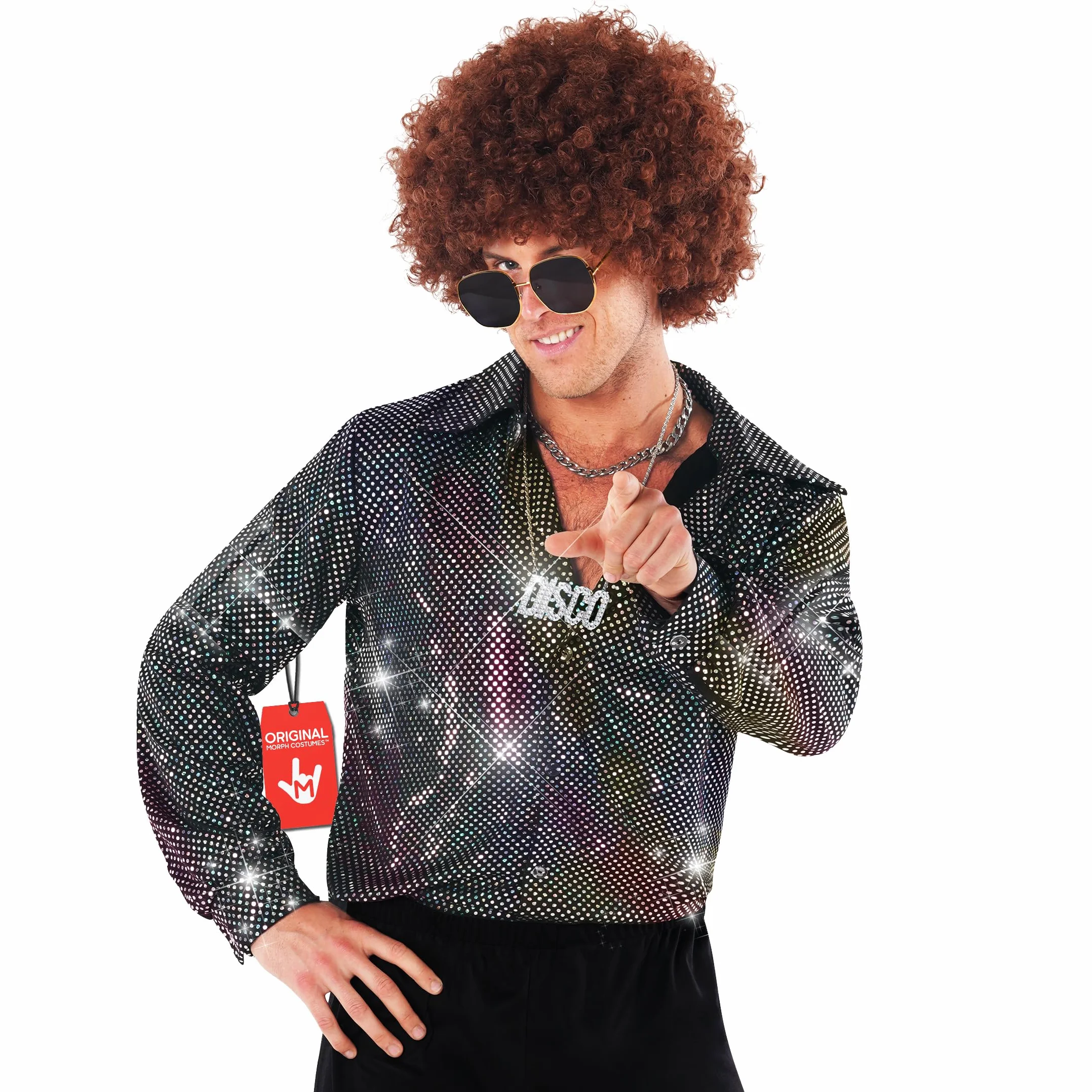 Morph Koszula Disco dla Dorosłych Mężczyzn - Opalizujący Srebrny Wzór w Kropki z Guzikami z Przodu