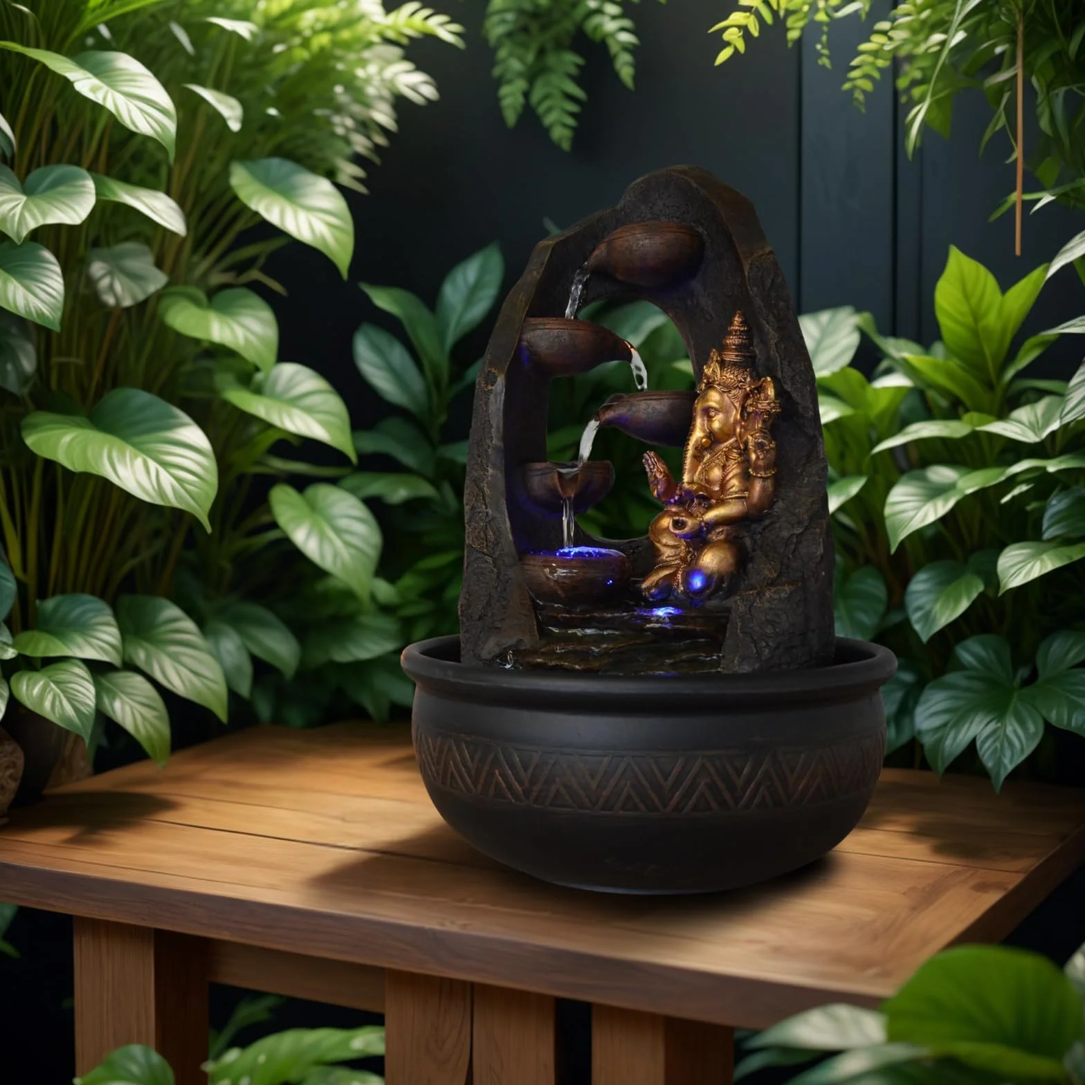 Budda Ganesh fontanna wewnętrzna z kolorowym światłem LED - dekoracja Feng Shui Zen - wspornik łóżka - wys. 40 cm - Mystic Zen'light