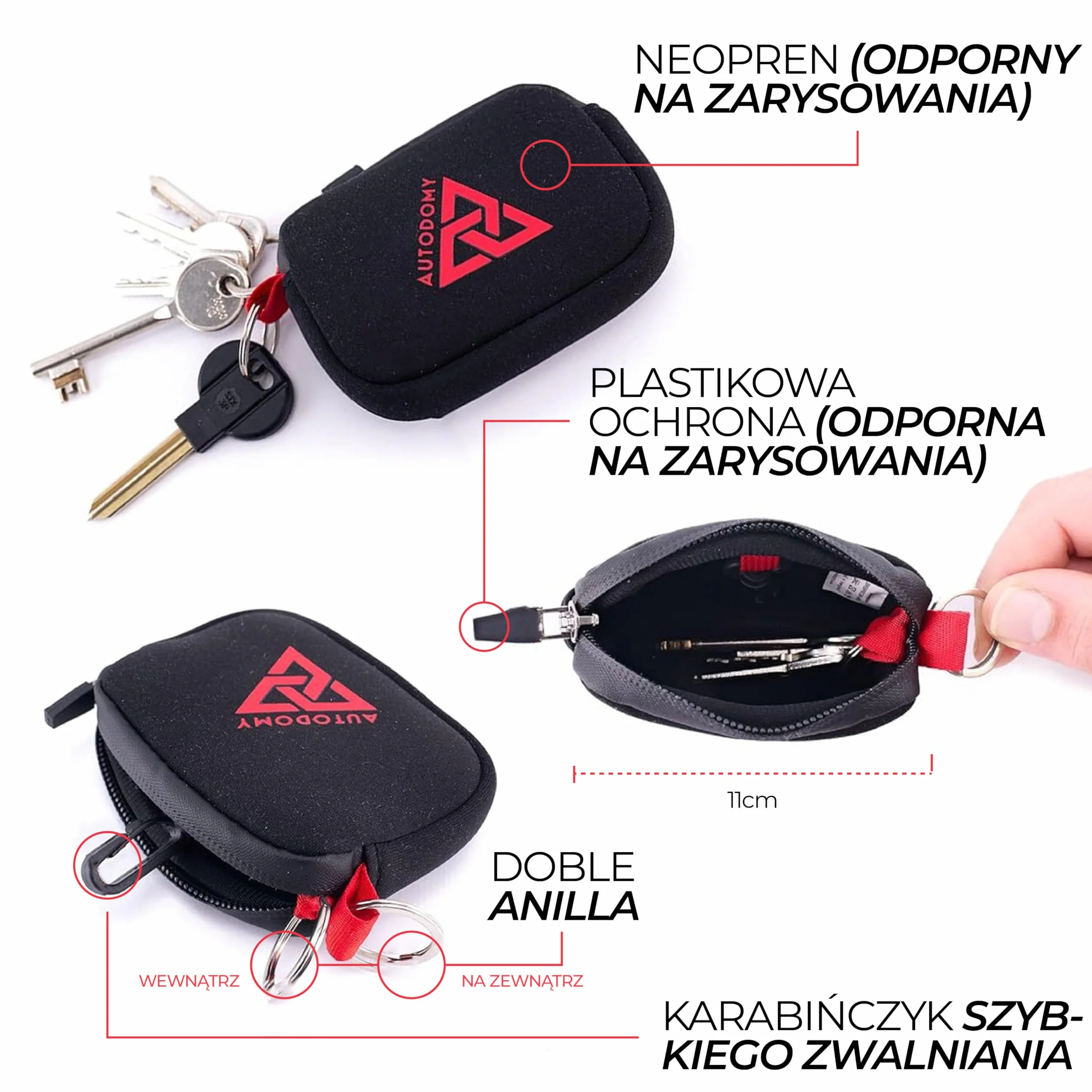 Autodomy Wodoodporny Brelok na Klucze do Motocykla | Etui z Neoprenu w Kolorze Czarnym i Czerwonym | Premium Portmonetka z Pierścieniem Wewnętrznym, Zewnętrznym i Karabińczykiem