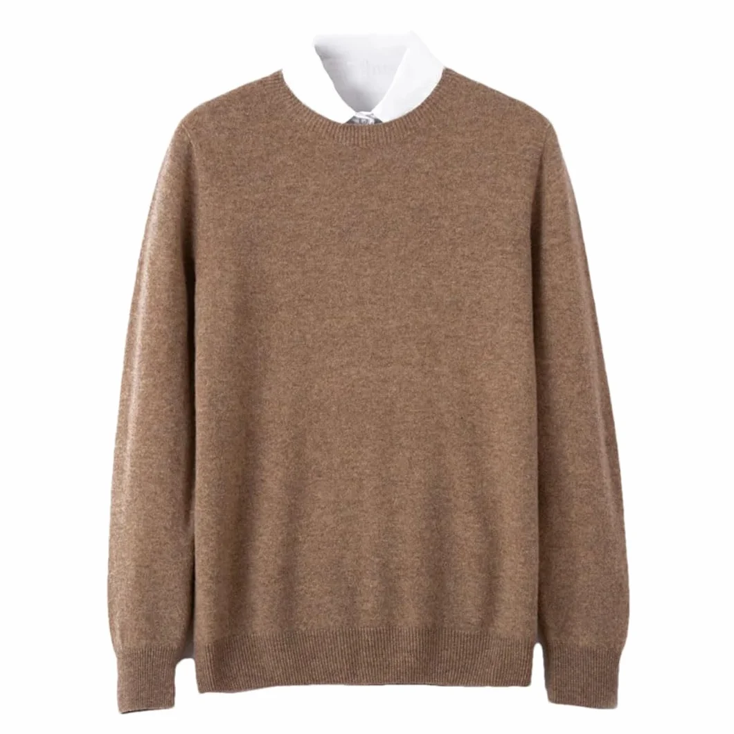 Męski sweter z okrągłym dekoltem wełniany sweter z dzianiny sweter jednolity kolor biznesowy ciepły sweter, Brązowy szary, XL