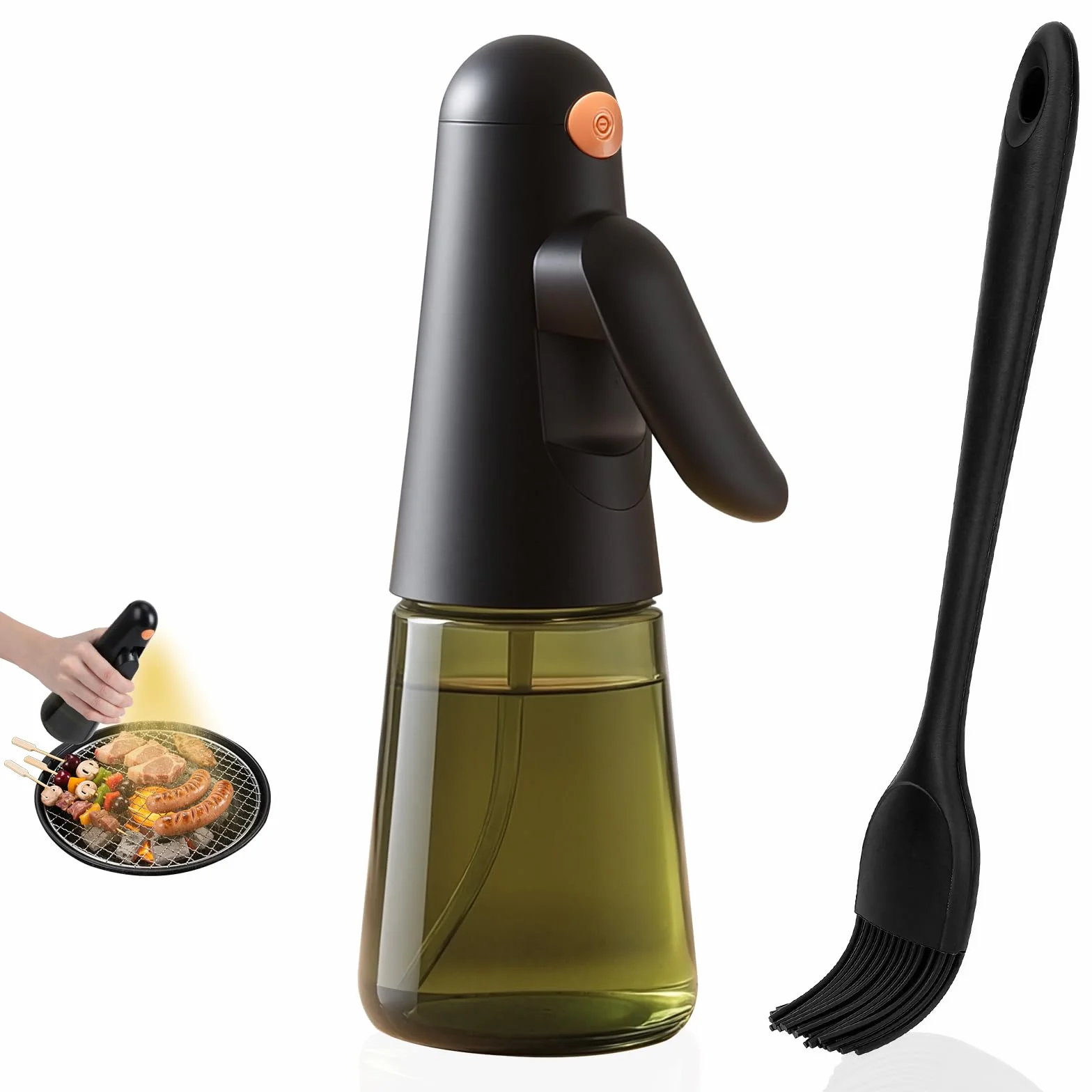 Euqvunn Rozpylacz Oleju do Gotowania 200ml Szklana Butelka Blokująca Światło Antywyciekowy 360° Dozownik Spray z Pędzlem Czarny