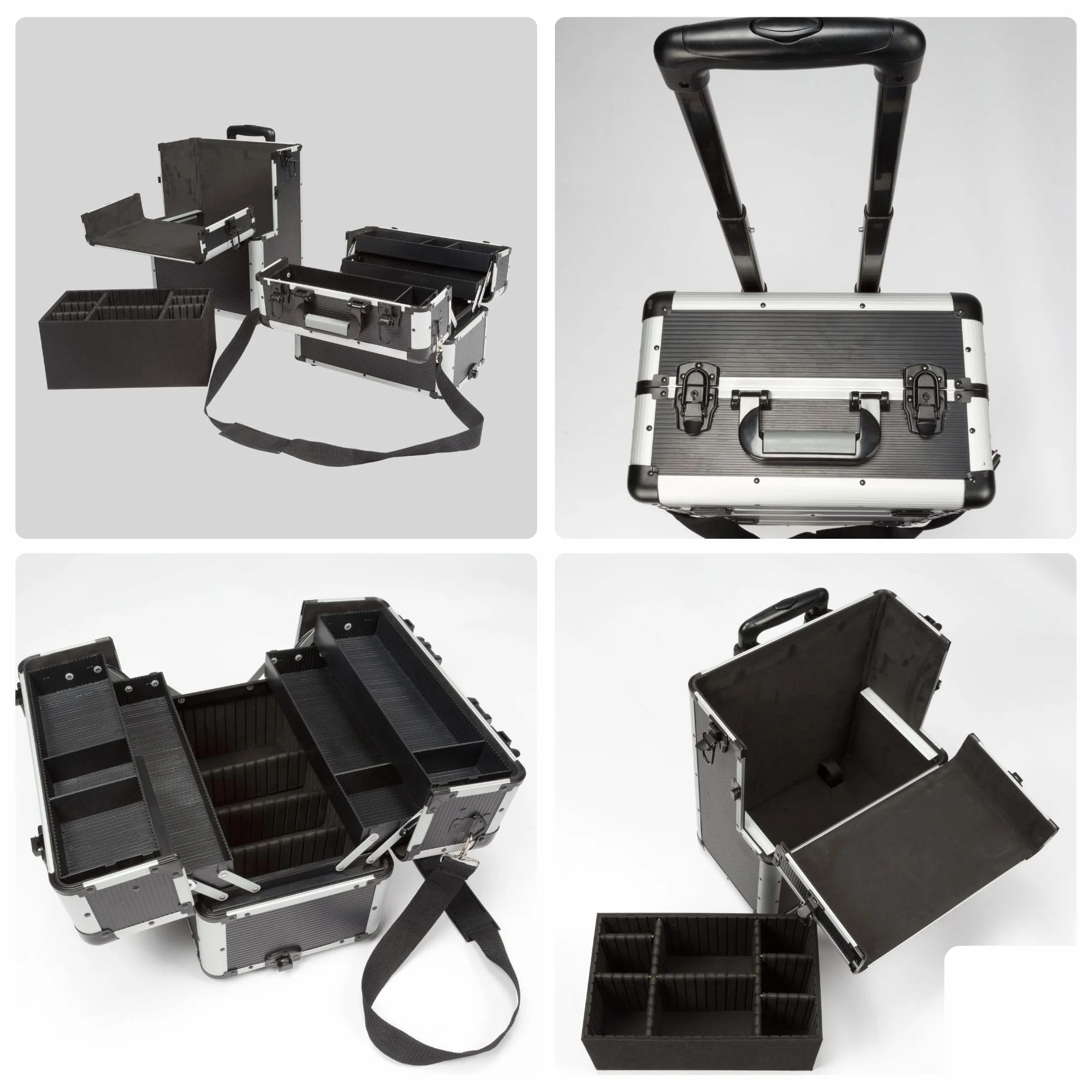 Perel Walizka narzedziowa na kolkach aluminiowa czarna, wozek narzedziowy z uchwytem teleskopowym, 3 przegrody z organizerem i tacka, zamek na klucz z 2 kluczami, 370 x 225 x 670 mm, 66,9 l