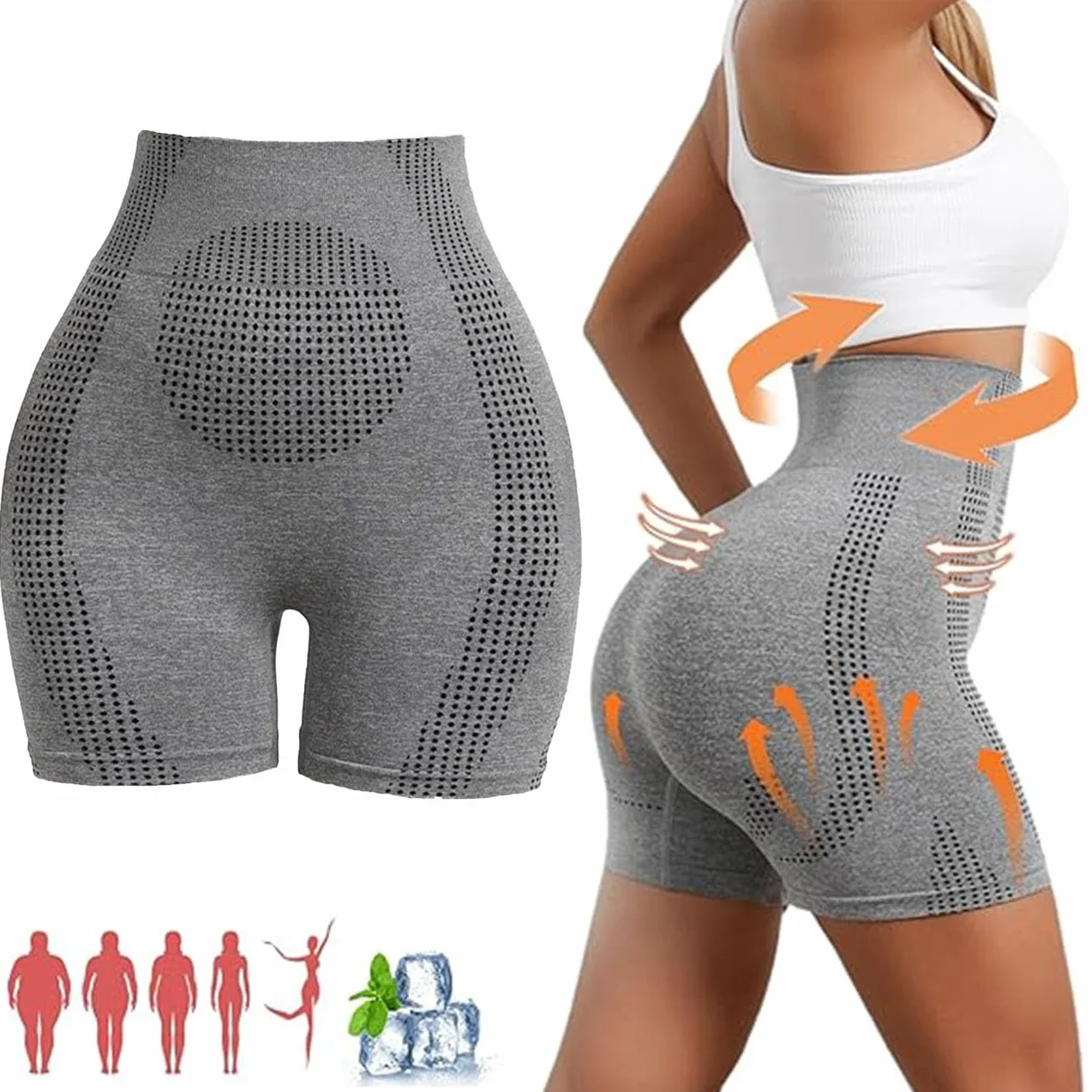 Spodenki modelujące i regenerujące Ice Ionic Fibre, moduł masażu mikrowibracyjnego Ice Silk Lon Fibre Repair Spodenki modelujące, damskie majtki wyszczuplające brzuch z wysokim stanem(Gray,L)