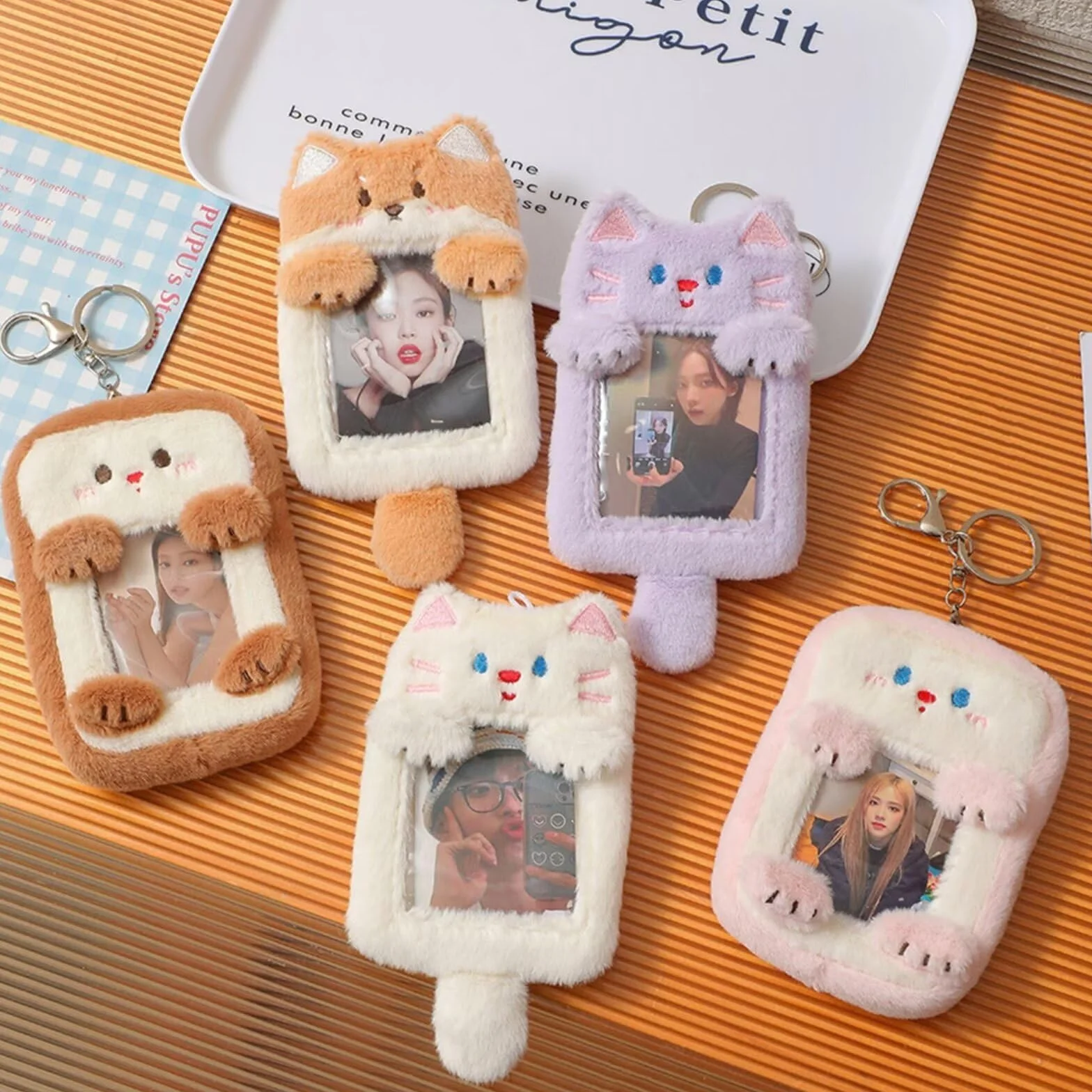 Śliczny pluszowy uchwyt na fotokartkę Kpop z brelokiem, kreskówkowy niedźwiedź zdjęcie rękaw dowód osobisty bank etui na karty kredytowe, różowe tosty
