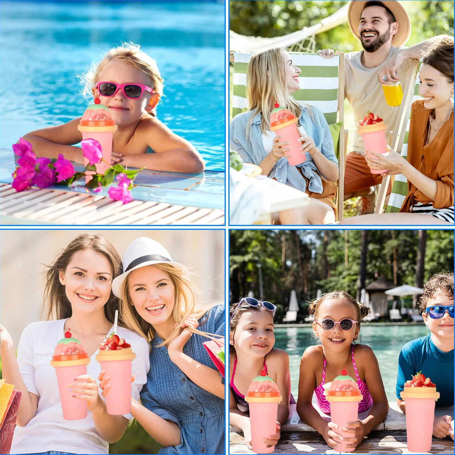 Silikonowy kubek do slushy typu zrób to sam ze słomką i łyżeczką 2 w 1, różowy