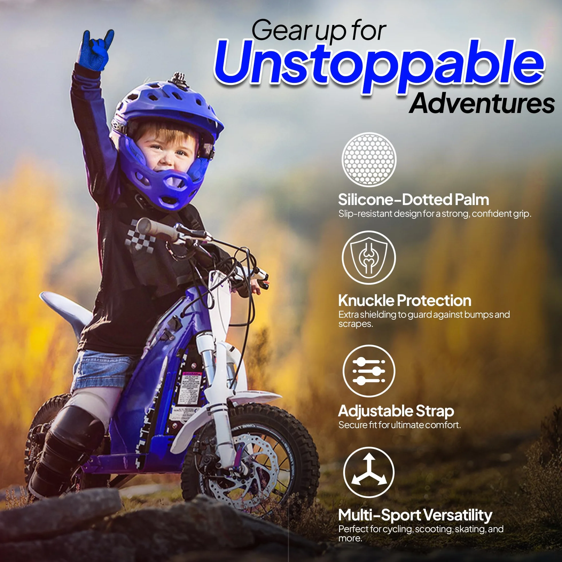 Rękawice rowerowe dla dzieci Trwałe i wygodne rękawice motocrossowe Idealna odzież motocyklowa dla Twojego dziecka (Blue, Medium [6-8 Yrs])