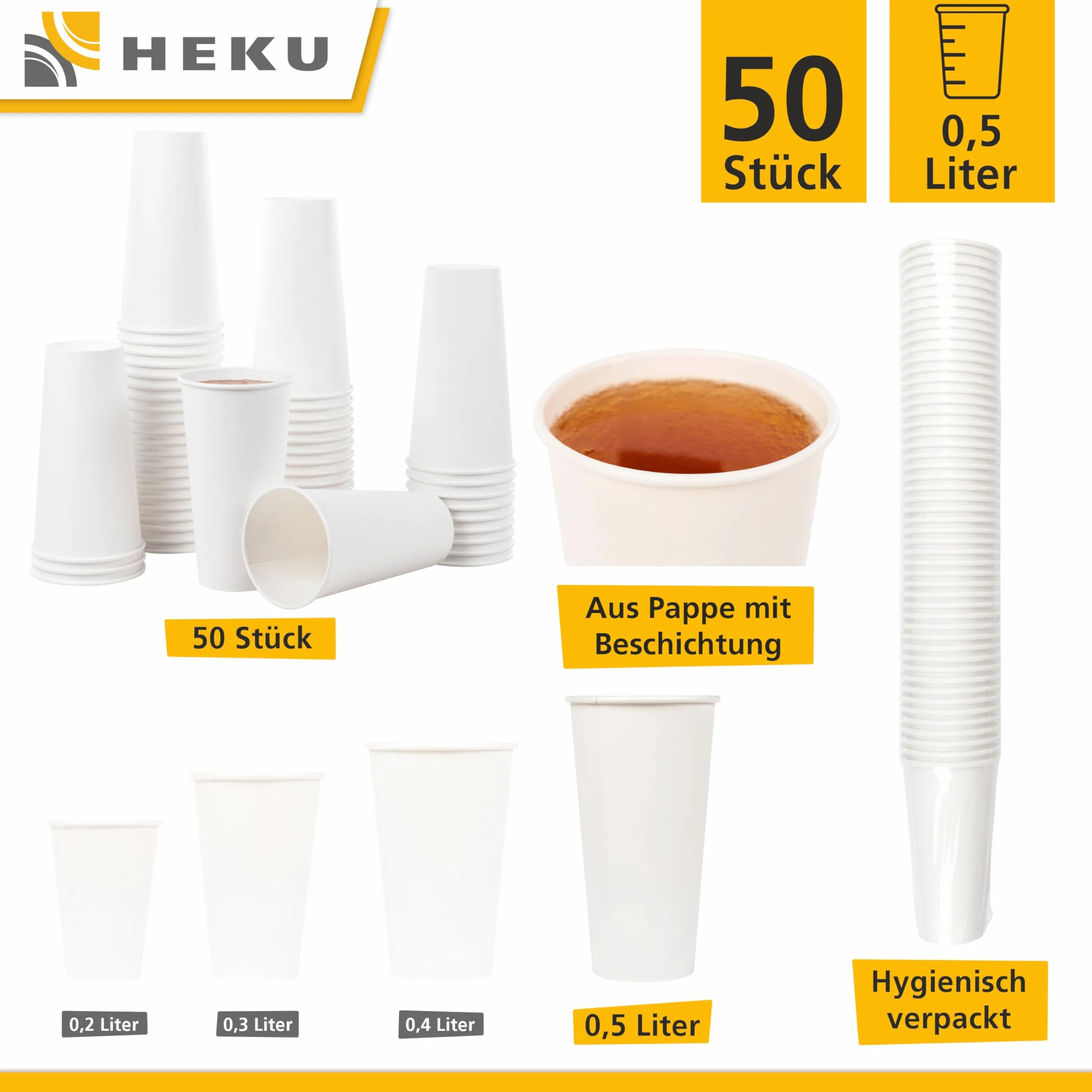 Heku 50 papierowych kubków biały 0,5 l