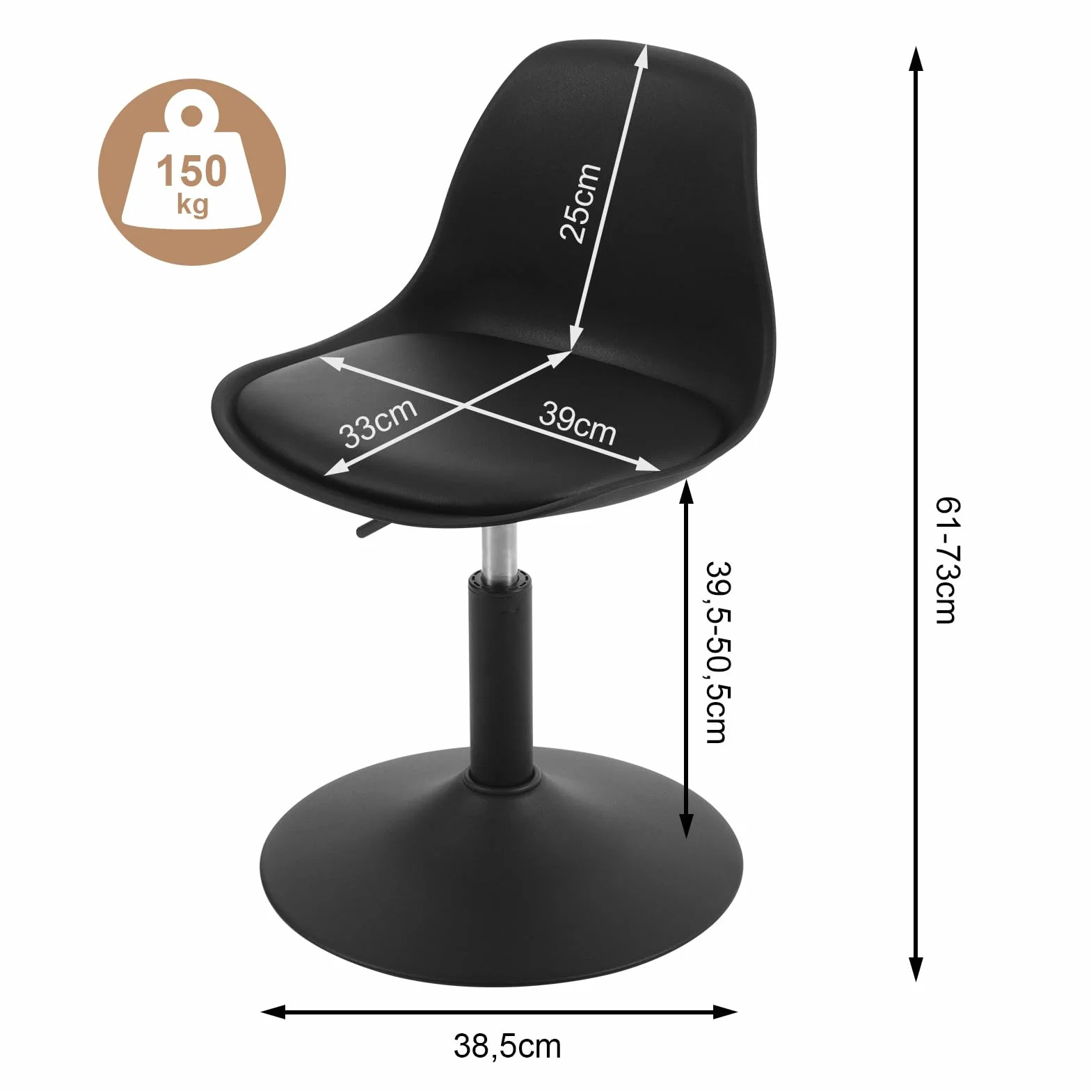 WOLTU stołek barowy z regulacją wysokości, obrotowy 360°, PP+PU, czarny, 39,5-50,5cm