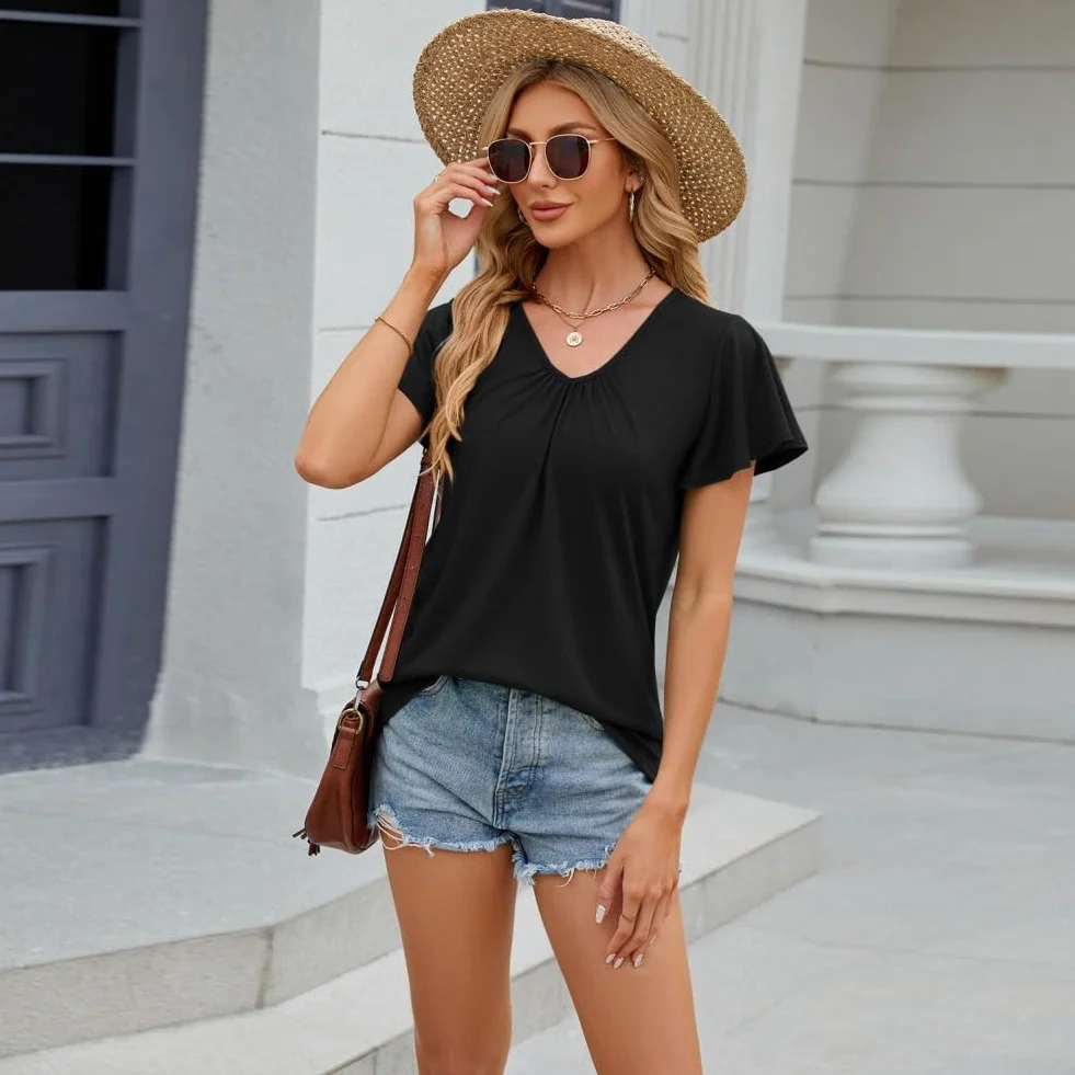 3-częściowy zestaw damski T-shirt z krótkim rękawem z dekoltem w serek modny top trend cienki na co dzień lato liść lotosu rękawy plisowane ubrania, 3 szt. - 4, S