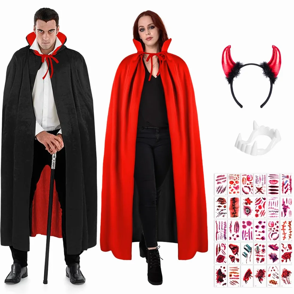 AOOWU Dorosły wampir dwustronny płaszcz z kapturem - miękki materiał poliestrowy i akcesoria do diabła - przebranie na Halloween i imprezy tematyczne - średniowieczny kostium dla mężczyzn i kobiet