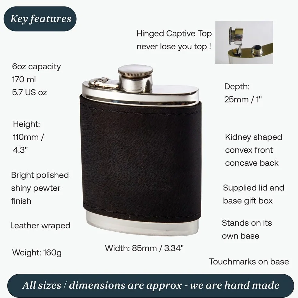 Wentworth Pewter - Skórzana butelka nerkowa z cyny, piersiówka, piersiówka, pojemność 170 ml, z górną częścią (czarny kruk)