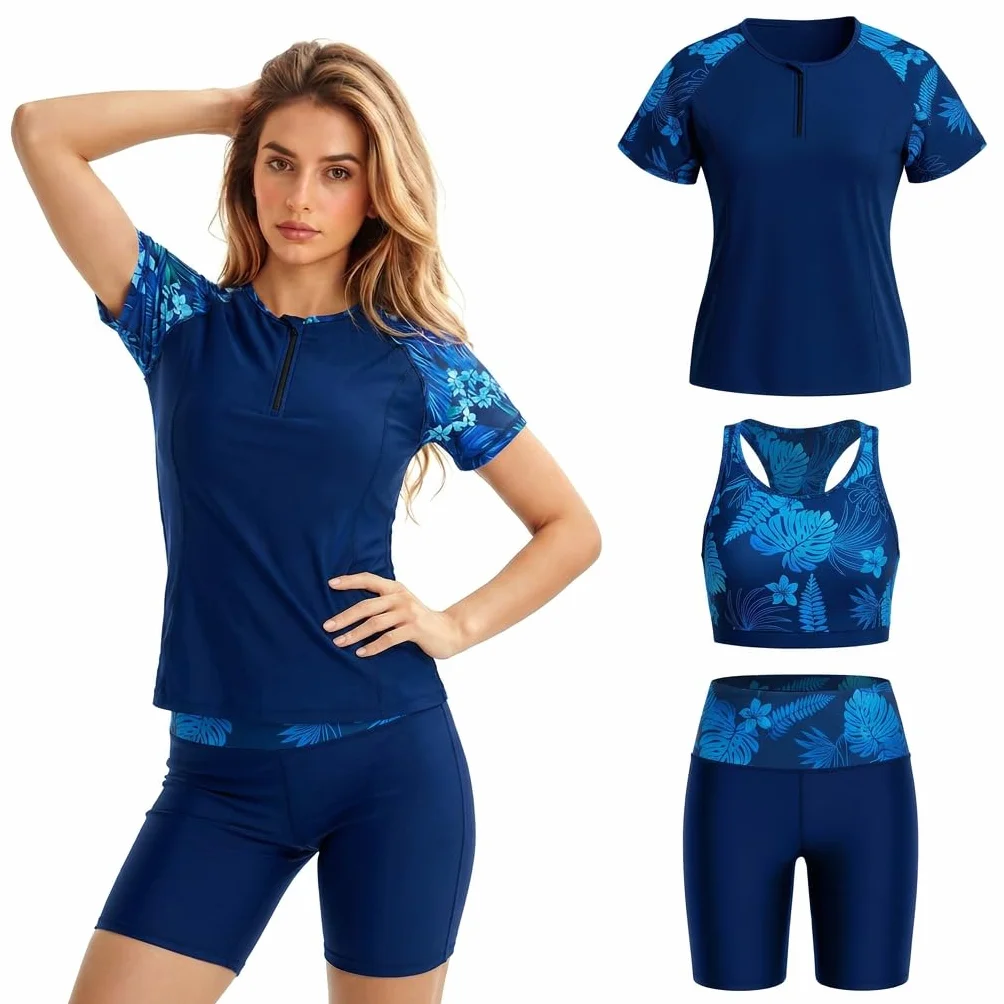 Owntop Rashguard damski zestaw 3-częściowy – koszulka do pływania z krótkim rękawem z topem i kąpielówkami, szybkoschnąca odzież kąpielowa z ochroną UV na plażę, do pływania, sportów wodnych