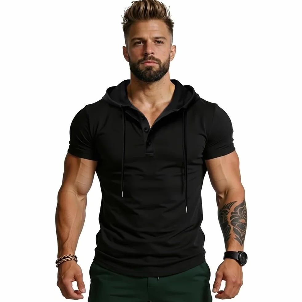 Męska bluza z kapturem z krótkim rękawem, sportowa bluza z kapturem z krótkim rękawem, oddychająca bluza z kapturem, koszula letnia, sportowa podkoszule, bluza z kapturem, na trening, siłownię