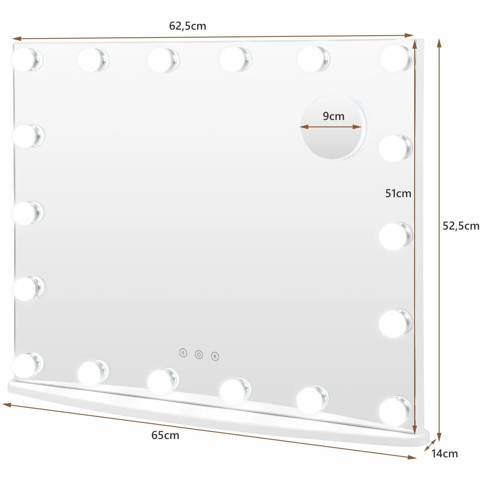 COSTWAY Lusterko do makijażu z oświetleniem 62,5 x 51 cm, 18 diod LED, lustro Hollywood z 3 kolorami światła i 4 jasnościami światła, inteligentny ekran dotykowy, lusterko kosmetyczne, 3-krotne