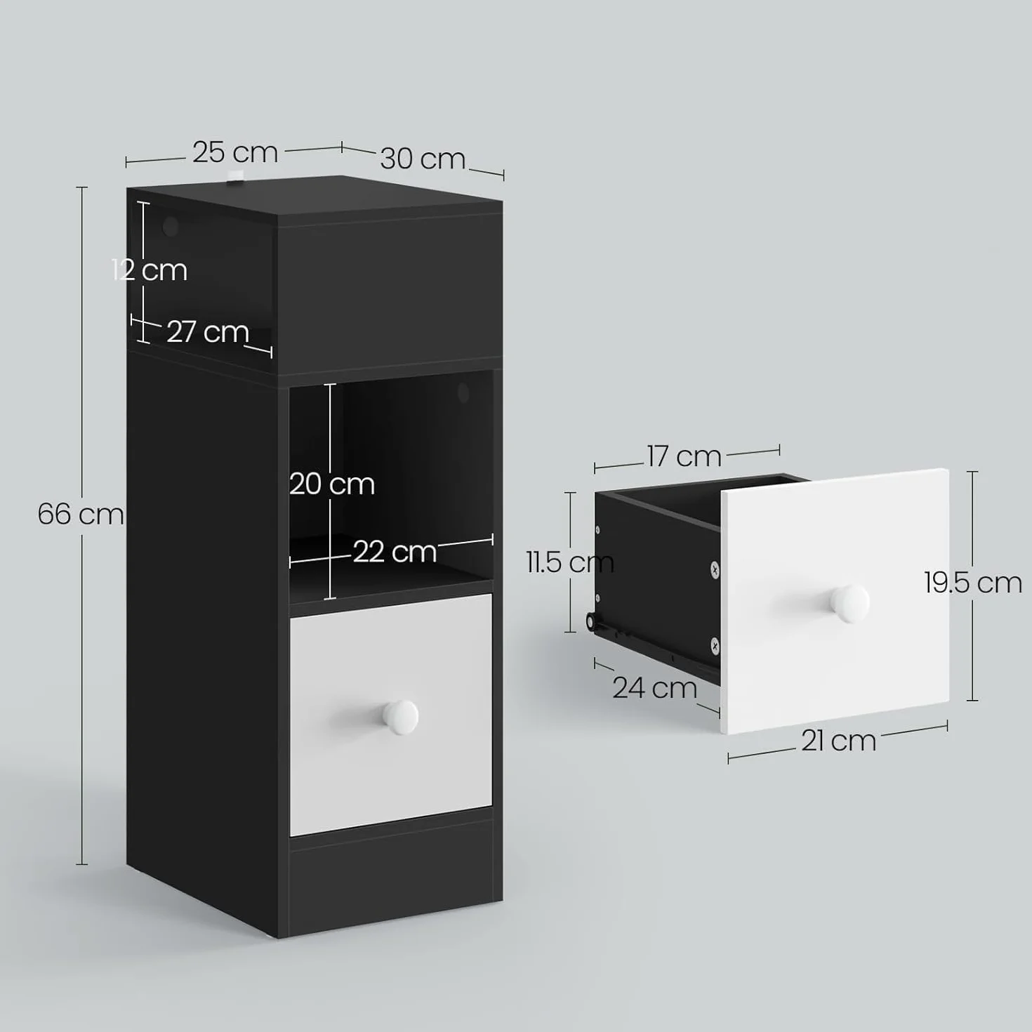 EUGAD Stolik nocny wąski 2 półki 1 szuflada 25x66x30 cm ciemnoszary
