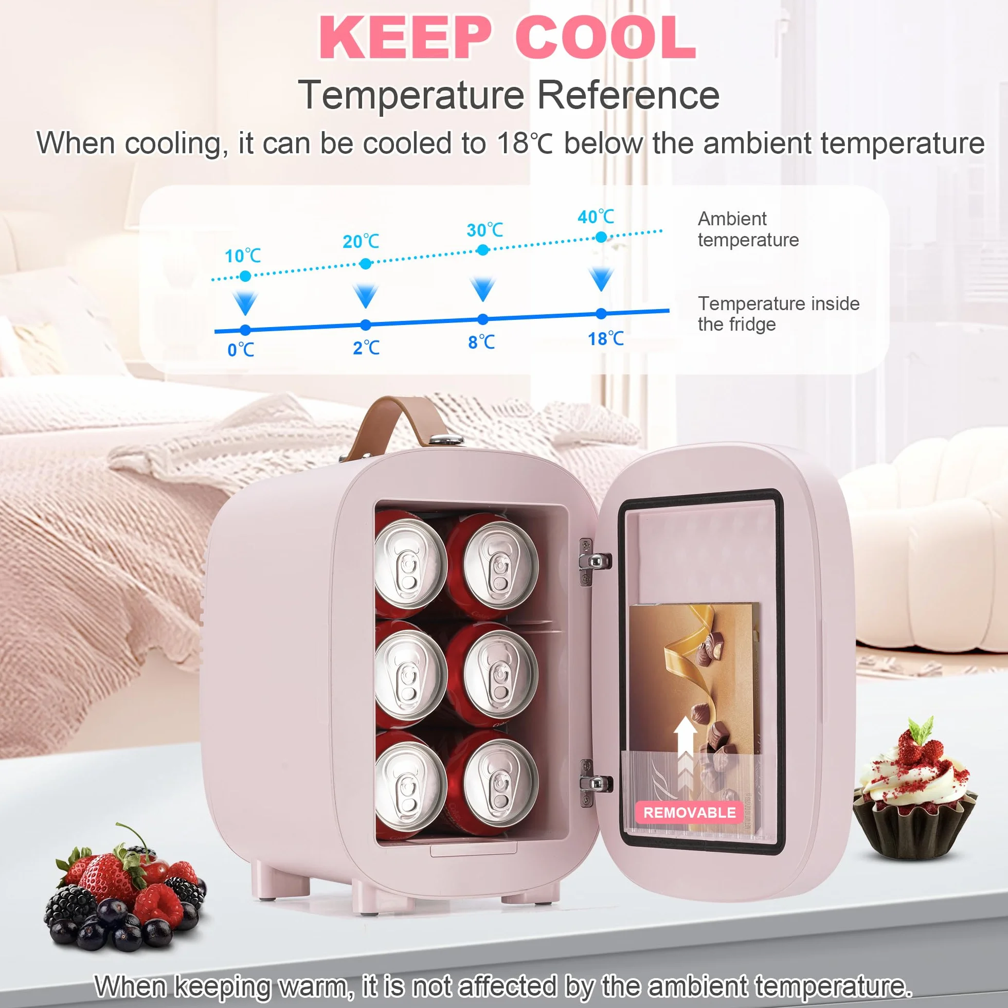 Enventor Mini lodówka 4 l/6 puszek z przyciemnianym lustrem LED, AC+12V DC, chłodnica i ogrzewacz, różowa