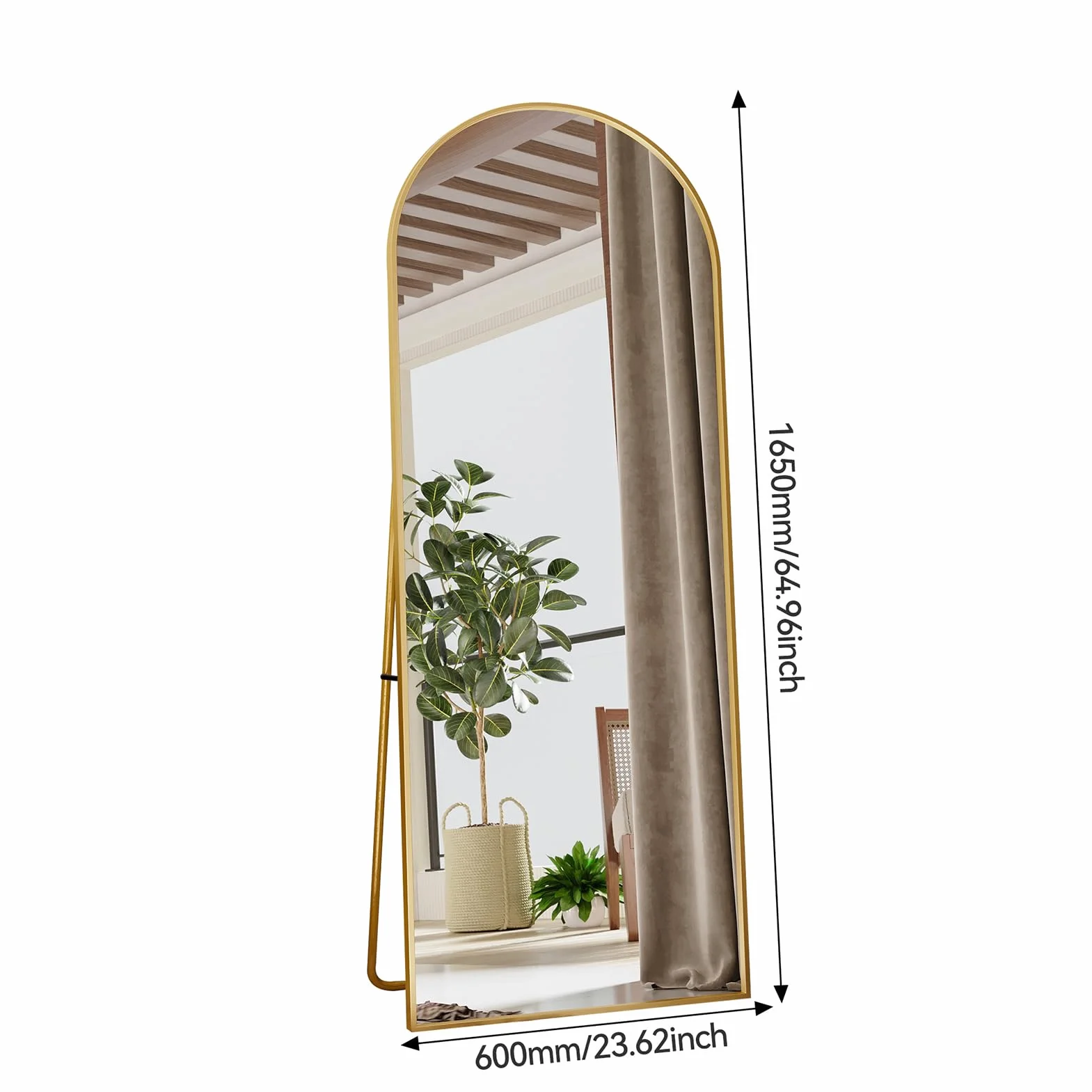 Lustro stojące 160x60 cm rama ze stopu aluminium szkło hartowane złote półokrągłe