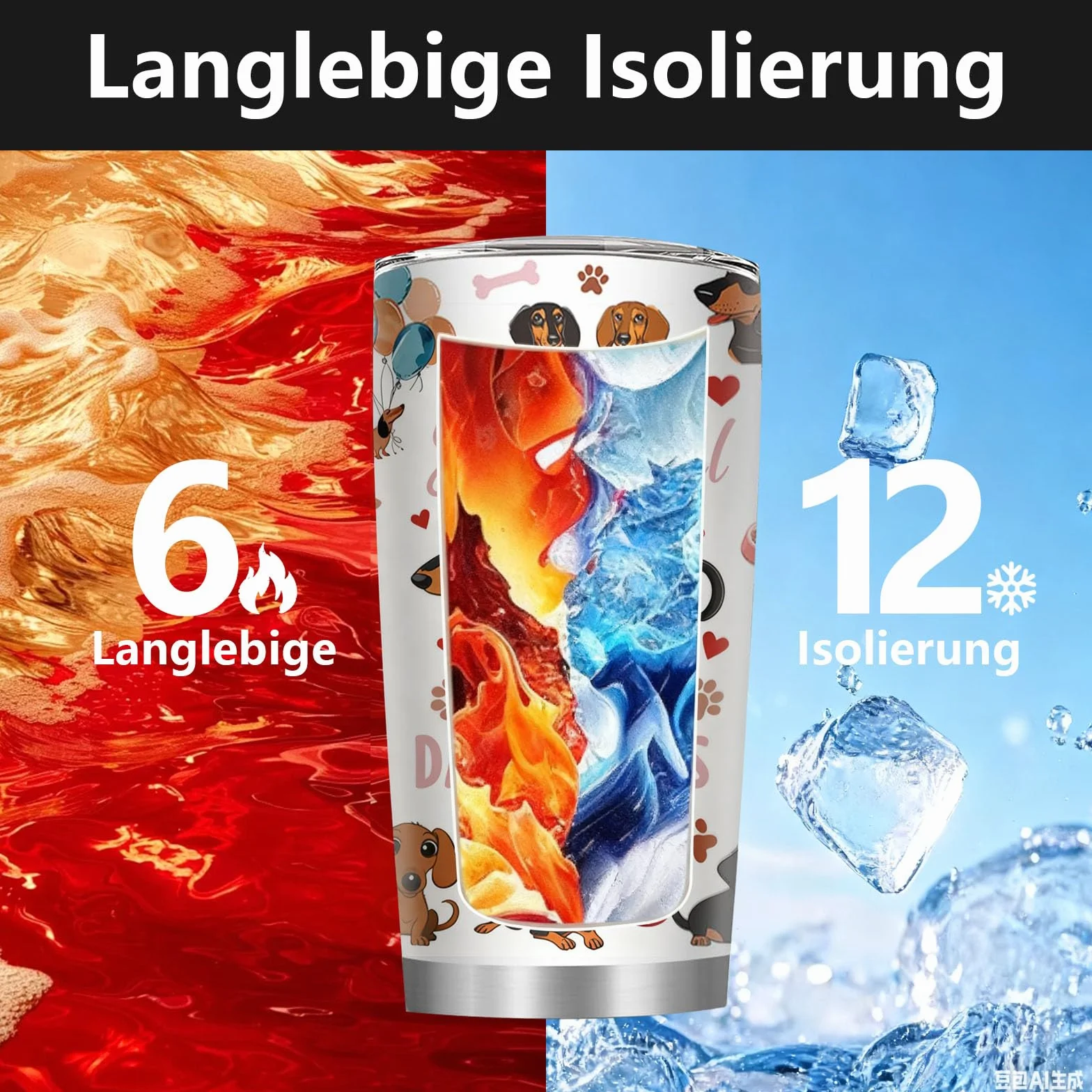 Onperpoe Kubek ze stali nierdzewnej, 590 ml, z podwójnymi ściankami, izolowany kubek z pokrywką i słomką, ze wzorem jamnika, kubek termiczny do kawy, do biura, na podróż, piknik