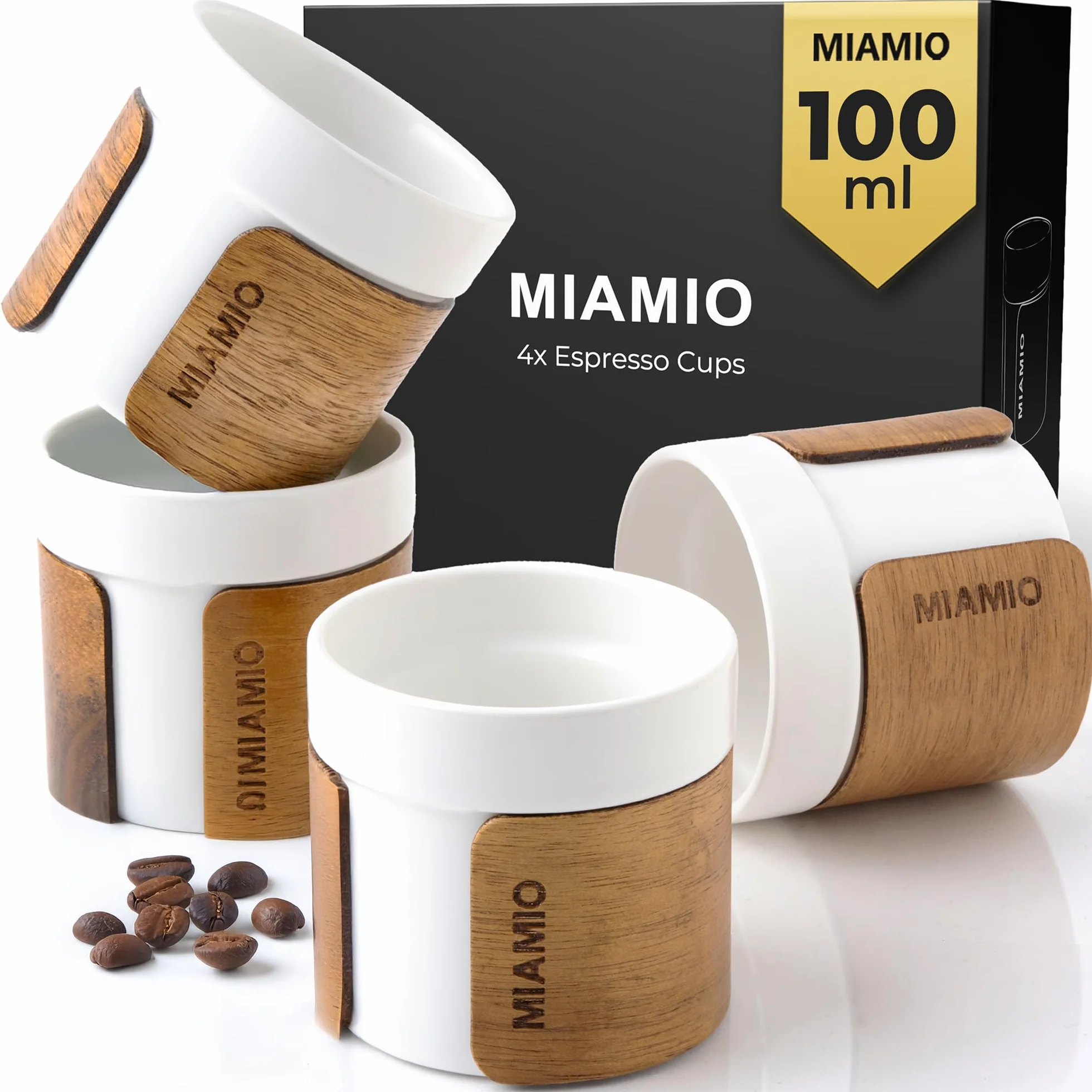 MIAMIO – Zestaw filiżanek do espresso 4 szt. (100 ml) Filiżanki do herbaty w stylu japońskim z ceramiki/Filiżanki bez uchwytu z demontowanym drewnianym mankietem (Biały)