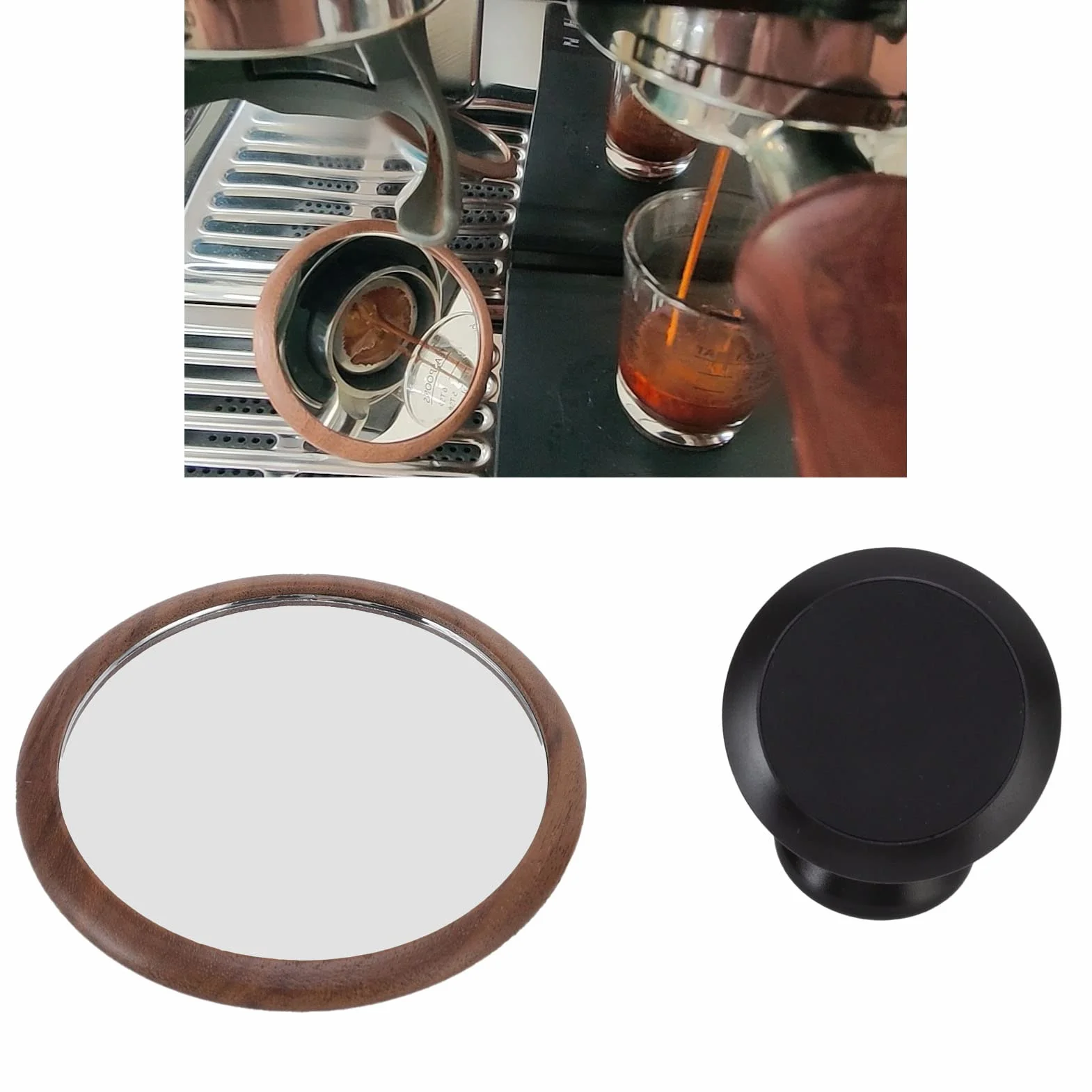 Lustro do Obserwacji Przepływu Kawy, Wielokierunkowy Obrót, Espresso Mirror, Podstawa z Czarnego Orzecha