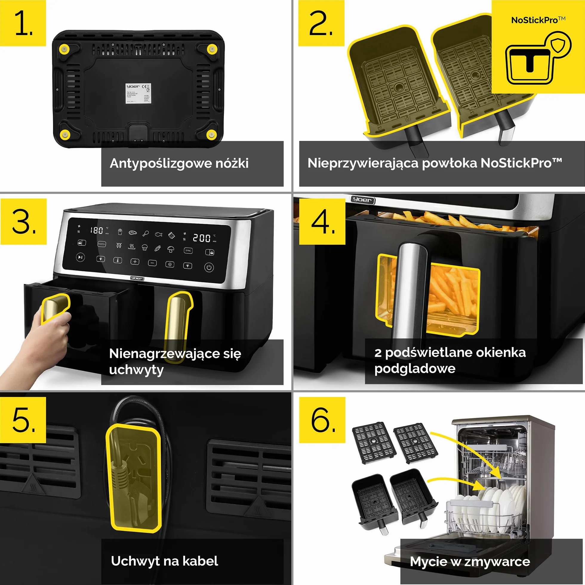 Yoer Frytkownica beztłuszczowa 10L, Airfryer, 6w1, 2850W, 2 niezależne komory, Nieprzywierająca powłoka, 10 automatycznych programów, Możliwość mycia misy w zmywarce, DualCrisp AF02BK, czarna