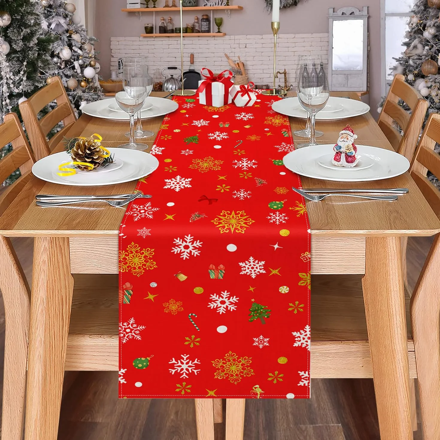 Czerwony bieżnik bożonarodzeniowy 33 cm x 183 cm, nowoczesny, świąteczny, czerwony, zimowy, w choinki i płatki śniegu, na stół, idealny na przyjęcie świąteczne, dekoracja bożonarodzeniowa na stół