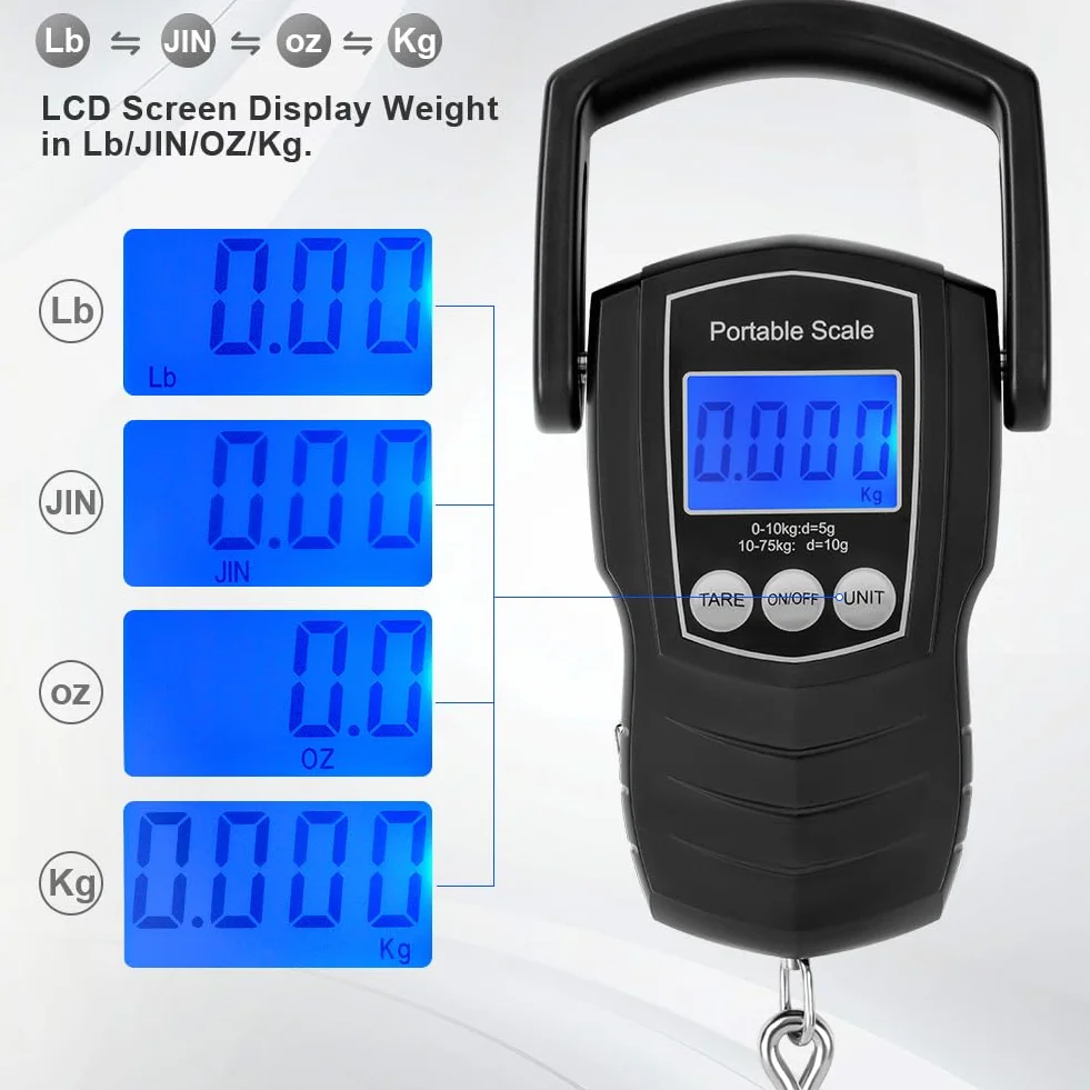Flintronic Cyfrowa waga bagażowa, 165 lbs/75 kg, przenośna waga bagażowa, z podświetlanym wyświetlaczem LCD, wisząca waga wędkarska z taśmą pomiarową, odpowiednia do podróży i domu