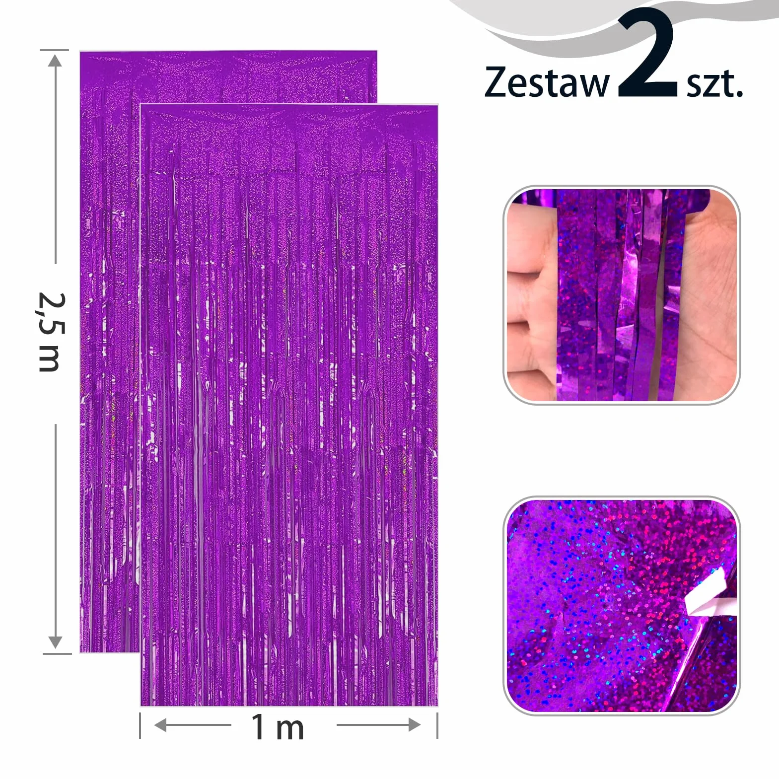 Metaliczne Zasłony Z Frędzlami Zestaw 2 Kurtyn Z Folii 1 x 2,5 m Fioletowy Dekoracje Na Przyjęcie