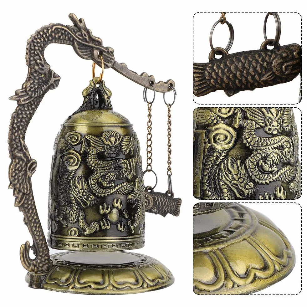 Vintage Dragon Bell, mały rzeźbiony brązowy dzwonek Feng Shui do dekoracji biurka i domu