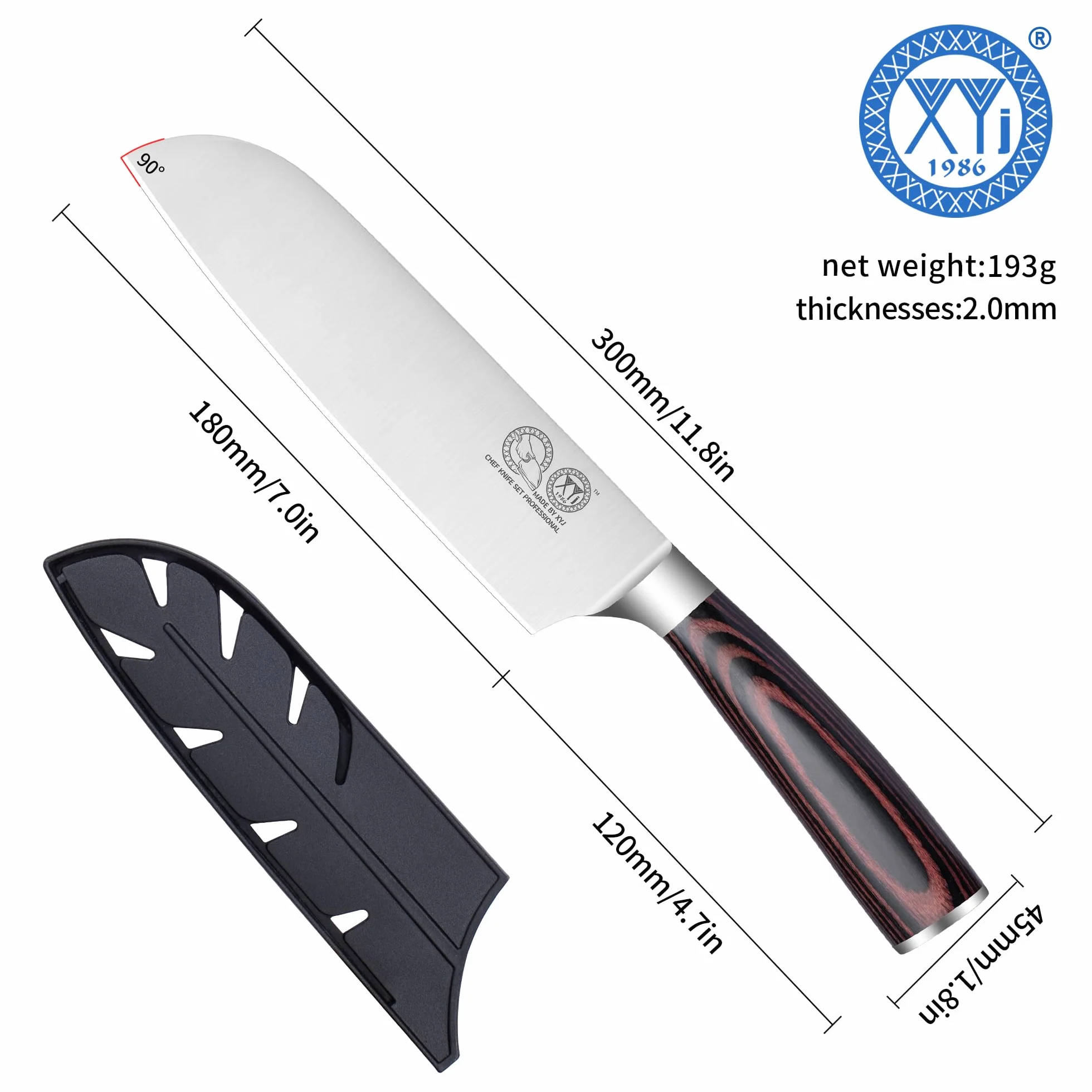 XYJ Professional Japanese Santoku Knife With Plastic Sleeve,7 Inch Vegetable Kitchen Knife,Stainless Steel,Meat Slicing Knife,Pakkawood Handle,Meat Cleaver for Outdoor Camping