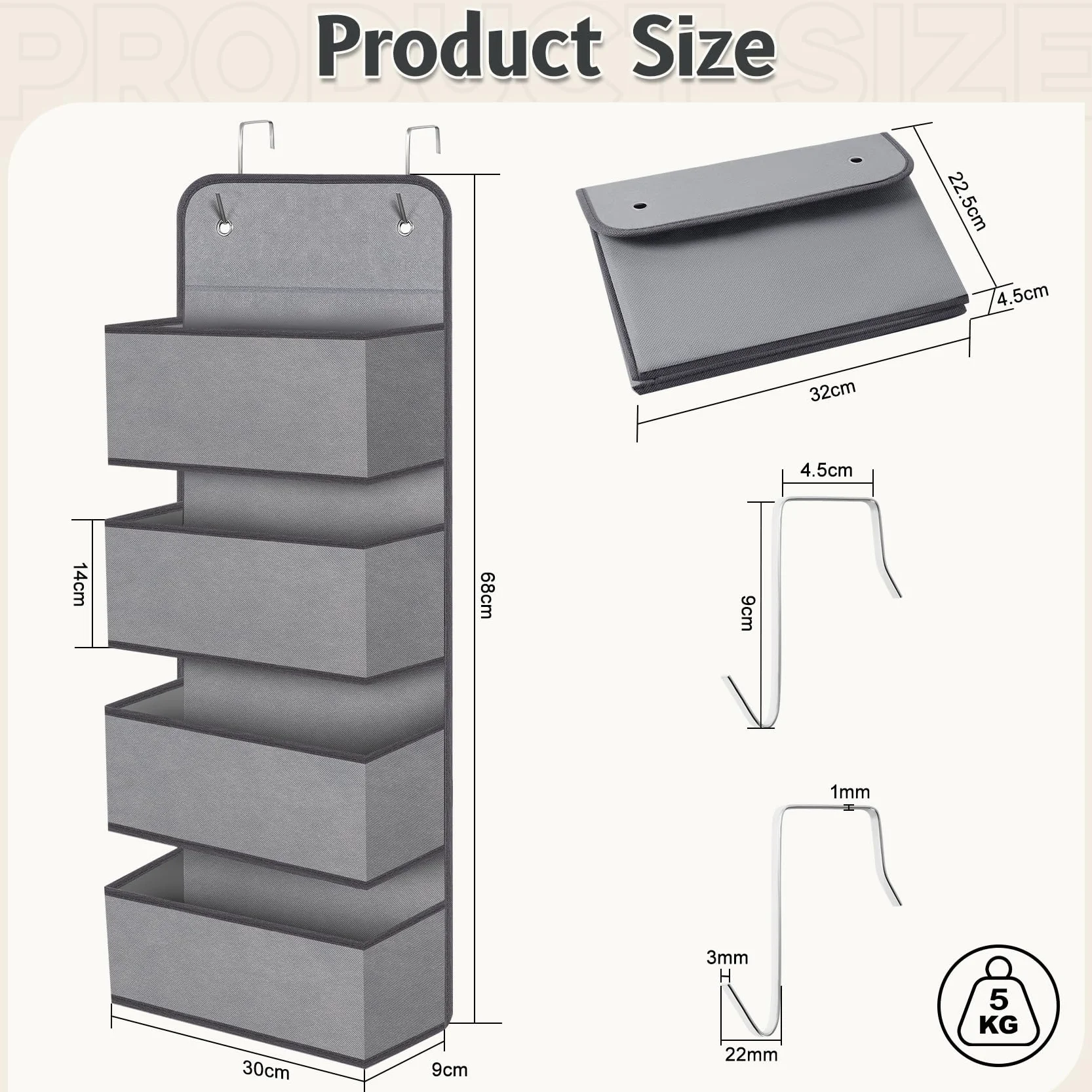 Wiszący Organizer z 4 Kieszeniami na Drzwi 30 x 13 x 68 cm Szary RDH04G
