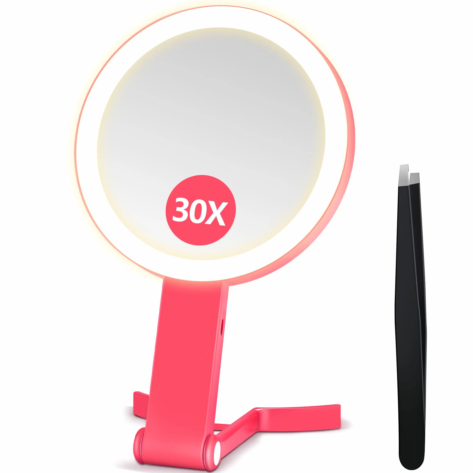 B Beauty Planet Lustro powiększające ze światłem 30X, dwustronne lusterko do makijażu, składane i ściemnialne, różowe