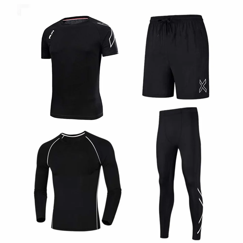 Moda odzież fitness, czteroczęściowy dres treningowy, odzież sportowa dla mężczyzn, elegancka, czarna, L